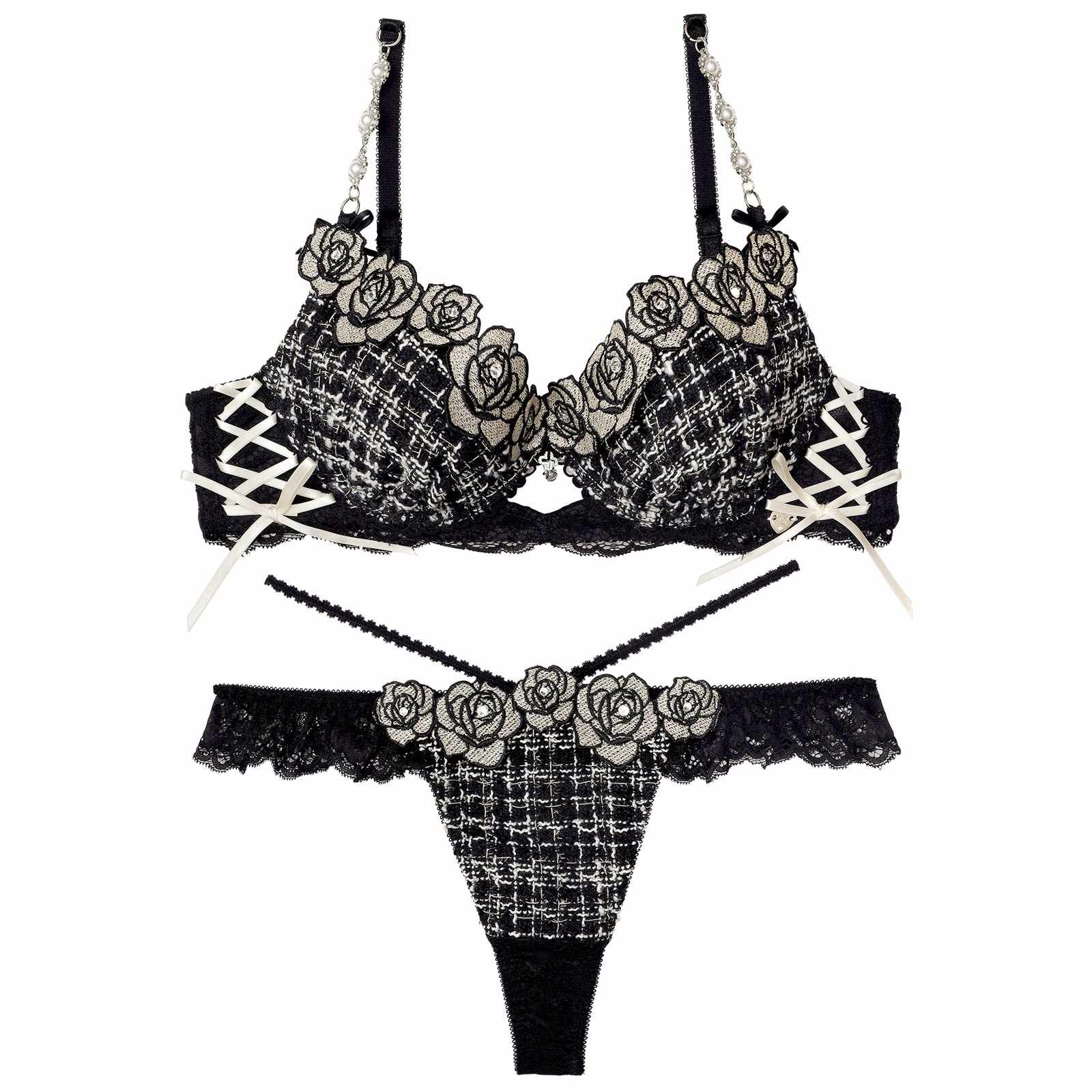 【明日花キララプロデュース/WhipBunny】Tweed Jewelry Rose Bra&T-back / ツイードジュエリーローズブラ&Tバック