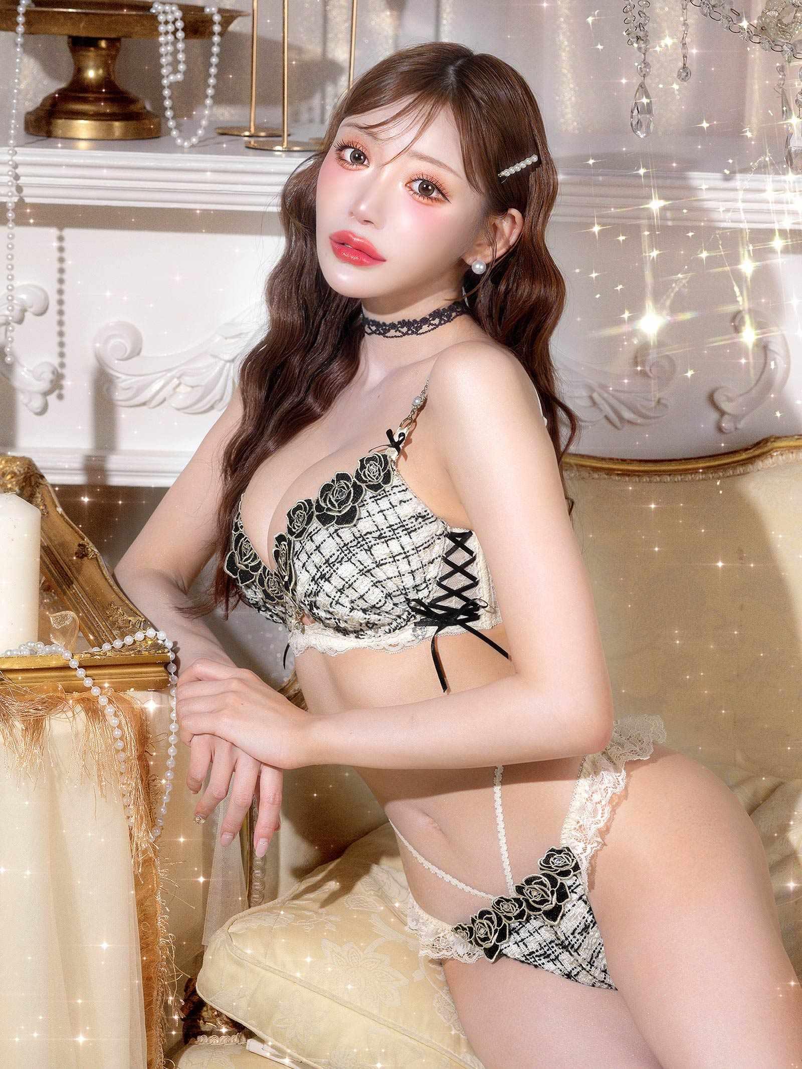 9/26新作!【明日花キララプロデュース/WhipBunny】Tweed Jewelry Rose Bra&T-back / ツイードジュエリーローズブラ&Tバック