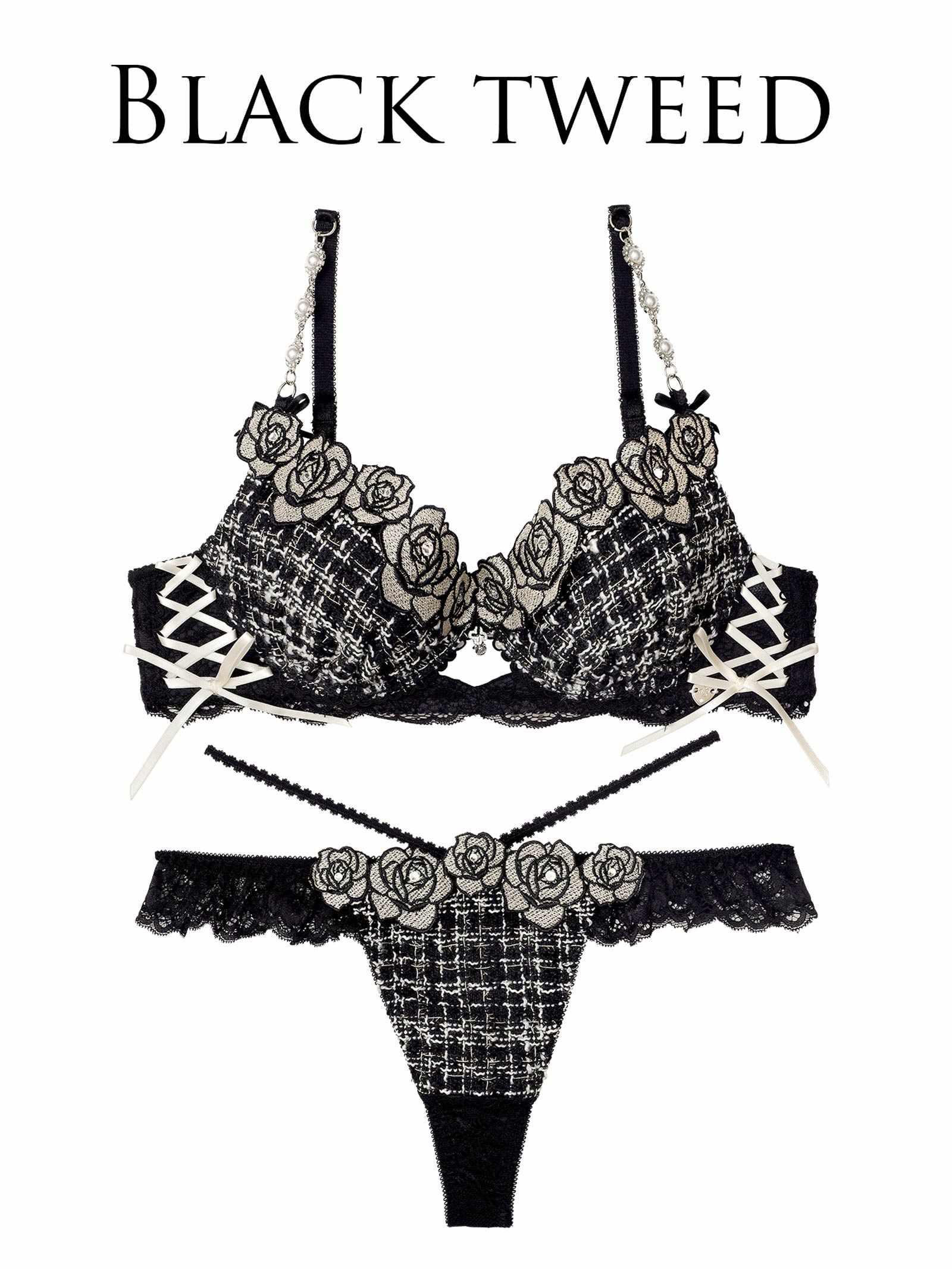 【明日花キララプロデュース/WhipBunny】Tweed Jewelry Rose Bra&T-back / ツイードジュエリーローズブラ&Tバック