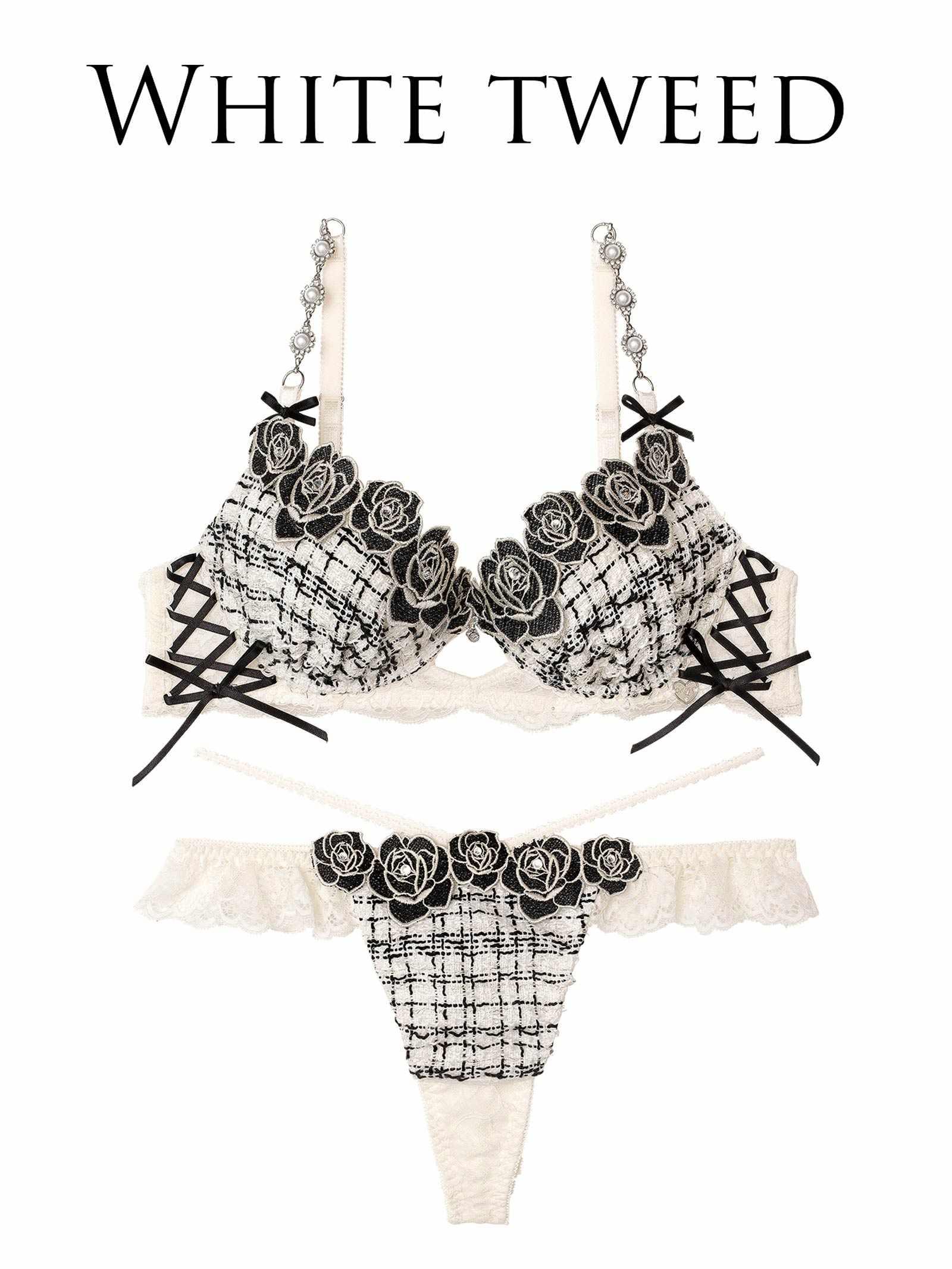 【明日花キララプロデュース/WhipBunny】Tweed Jewelry Rose Bra&T-back / ツイードジュエリーローズブラ&Tバック