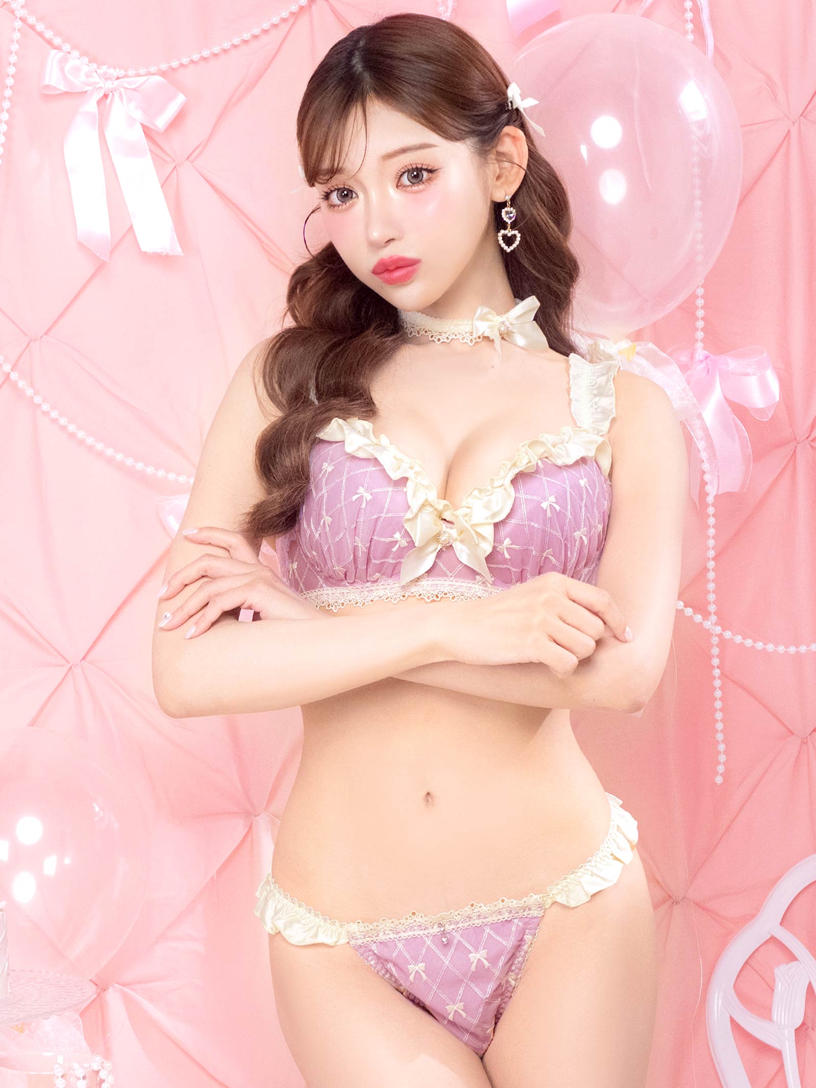 8/30新作!【明日花キララプロデュース/WhipBunny】Ballet Ribbon Argyle Choker Bra&Shorts/Mauve Pink バレエリボンアーガイルブラ&ショーツ/モーブピンク