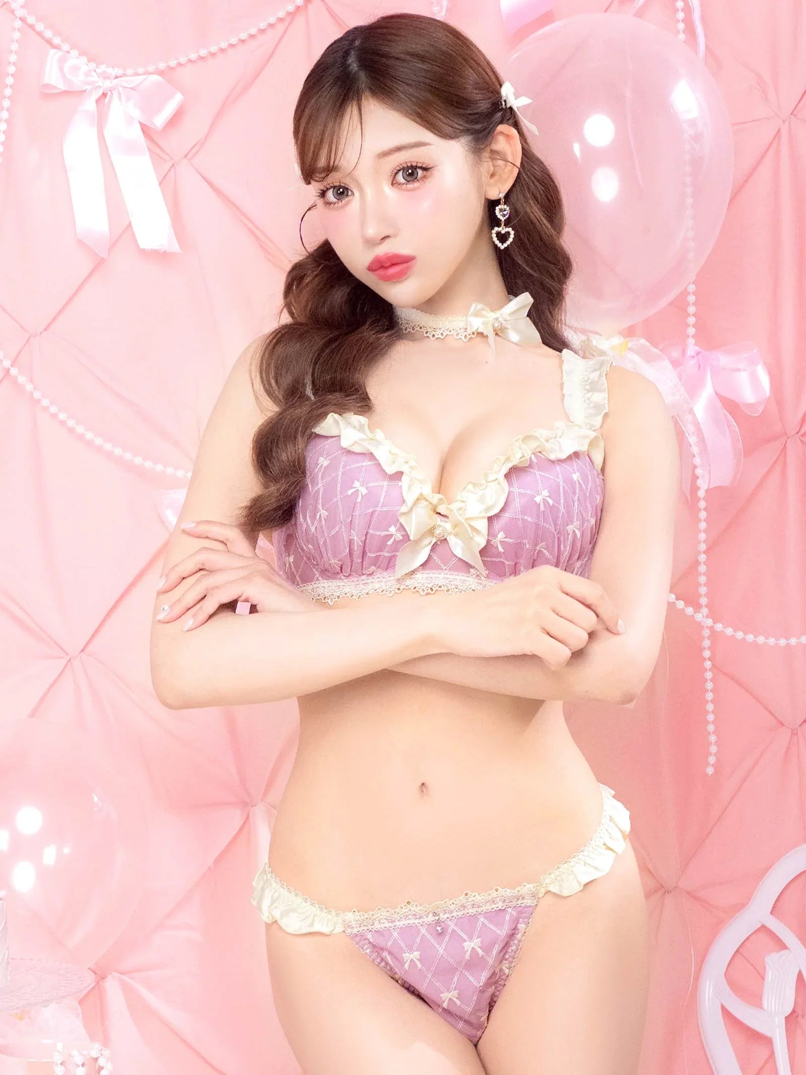 【明日花キララプロデュース/WhipBunny】Ballet Ribbon Argyle Choker Bra&Shorts/Mauve Pink バレエリボンアーガイルブラ&ショーツ/モーブピンク - 【公式】247Lingerie