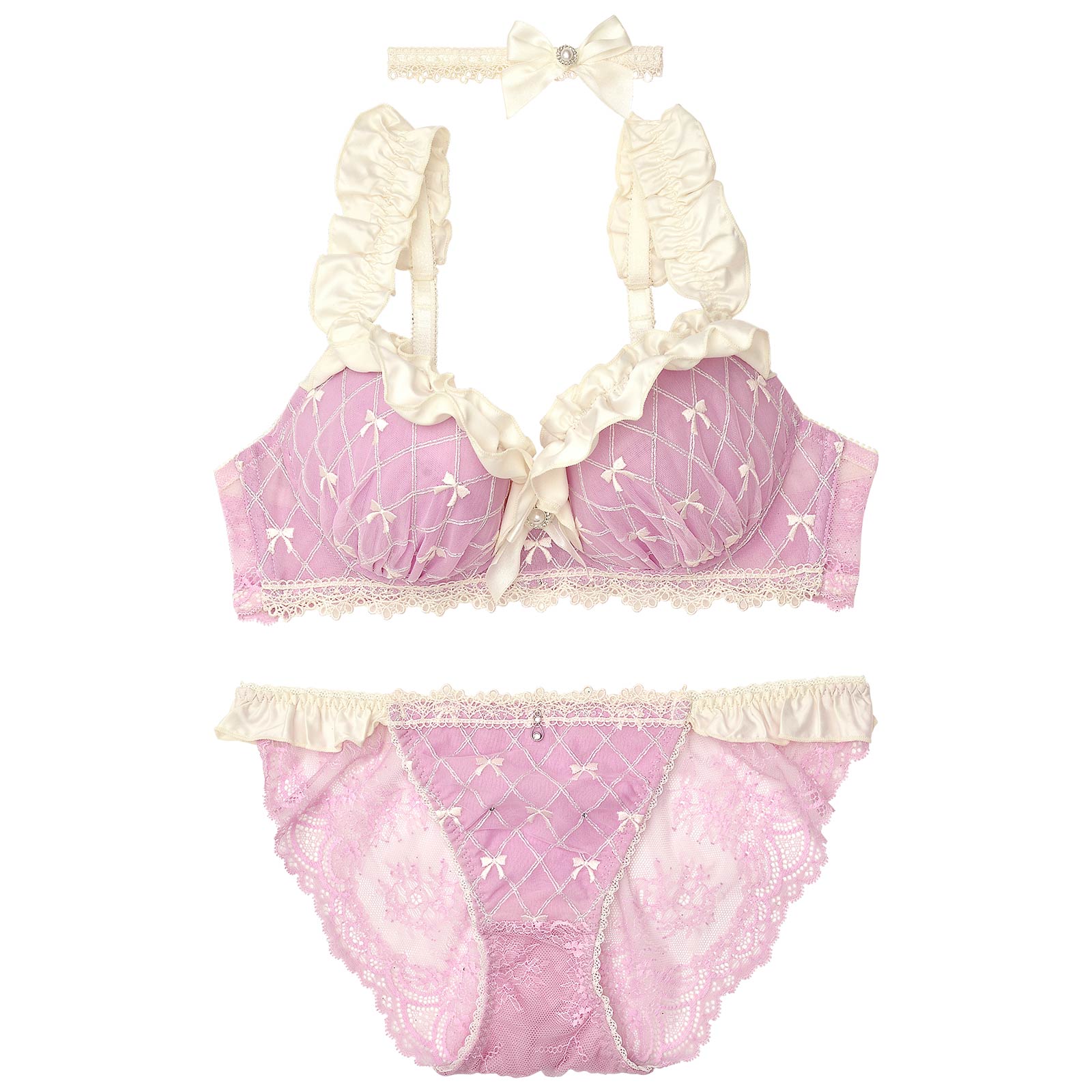 【明日花キララプロデュース/WhipBunny】Ballet Ribbon Argyle Choker Bra&Shorts/Mauve Pink バレエリボンアーガイルブラ&ショーツ/モーブピンク