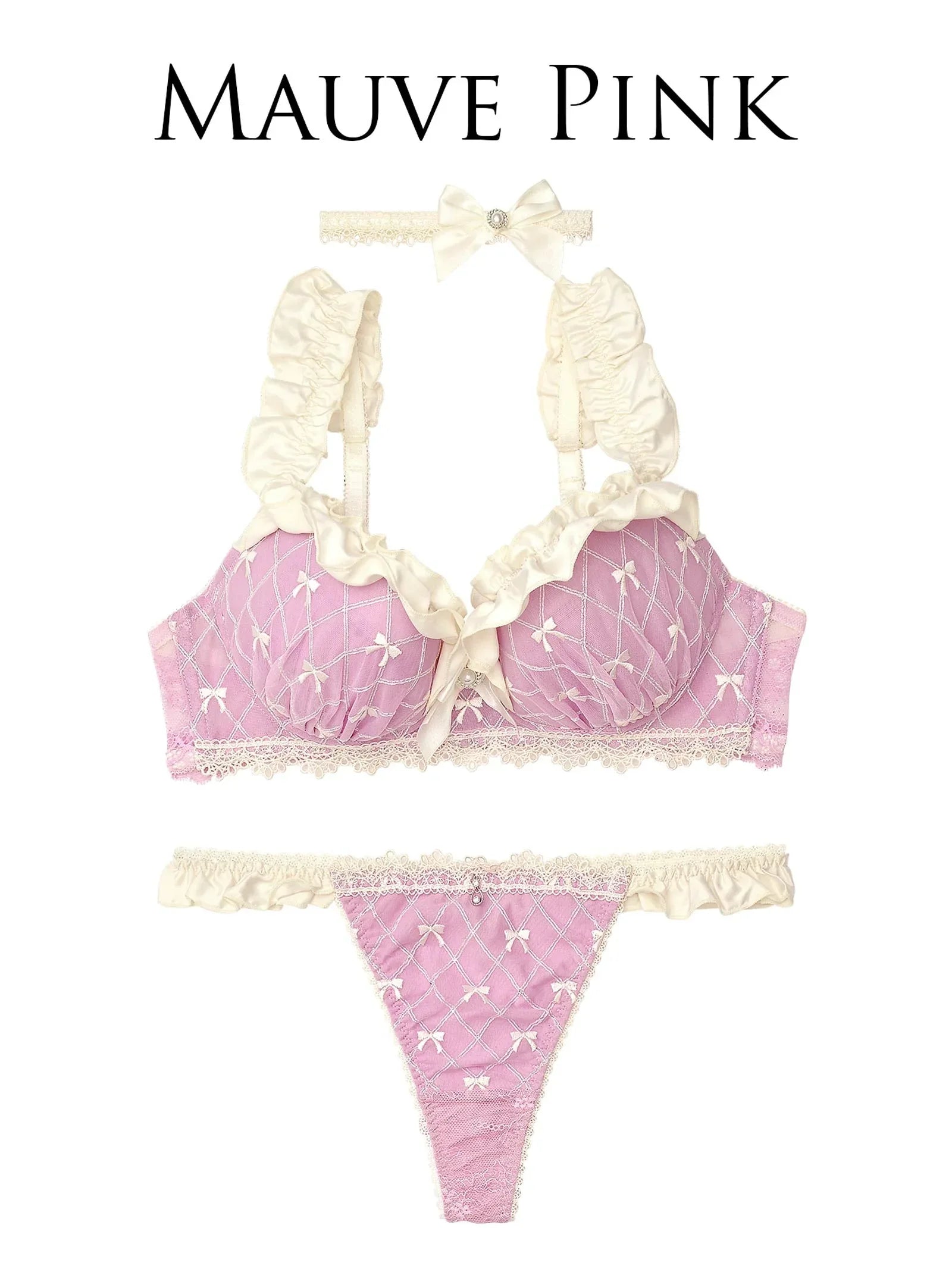 【明日花キララプロデュース/WhipBunny】Ballet Ribbon Argyle Choker Bra&T-back/Mauve Pink バレエリボンアーガイルブラ&Tバック/モーブピンク - 【公式】247Lingerie
