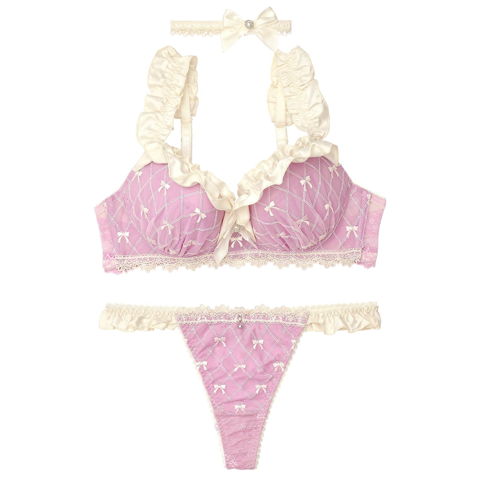 【明日花キララプロデュース/WhipBunny】Ballet Ribbon Argyle Choker Bra&T-back/Mauve Pink バレエリボンアーガイルブラ&Tバック/モーブピンク