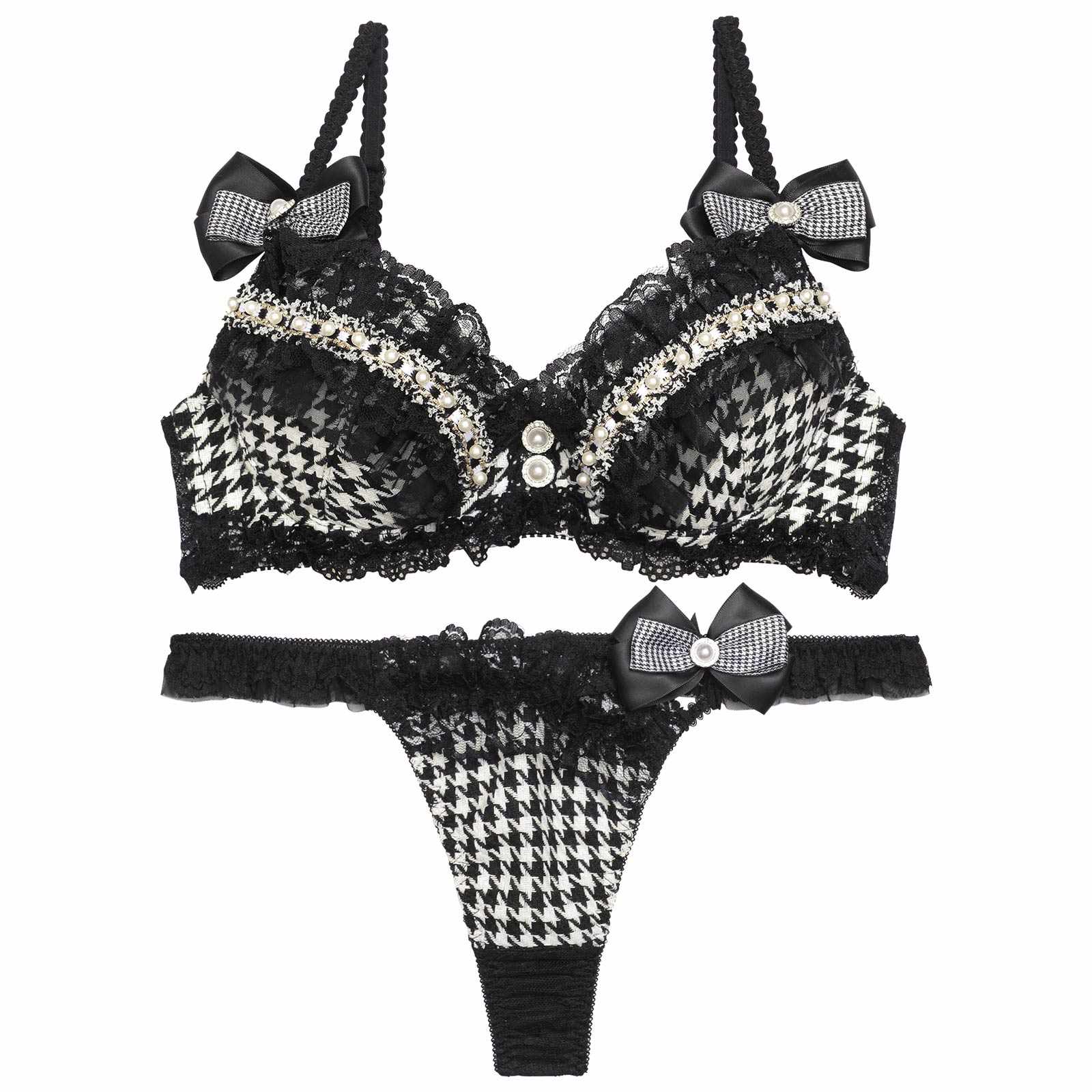 【明日花キララプロデュース/WhipBunny】クラシカルジュエリーハウンドトゥースブラ&Tバック