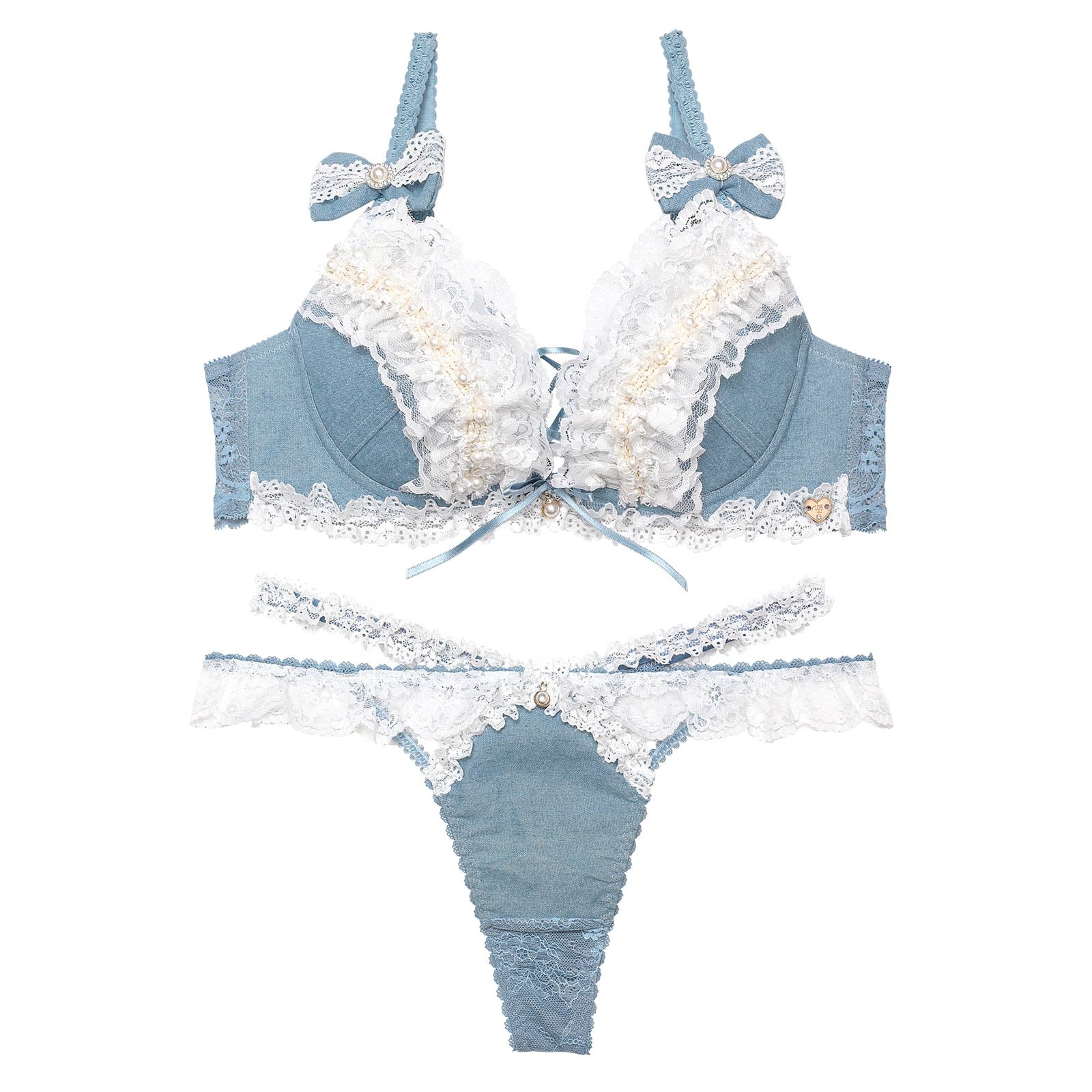 【明日花キララプロデュース/WhipBunny】Lacy Tiered Denim Bra&T-back / レーシィティアードデニムブラ&Tバック