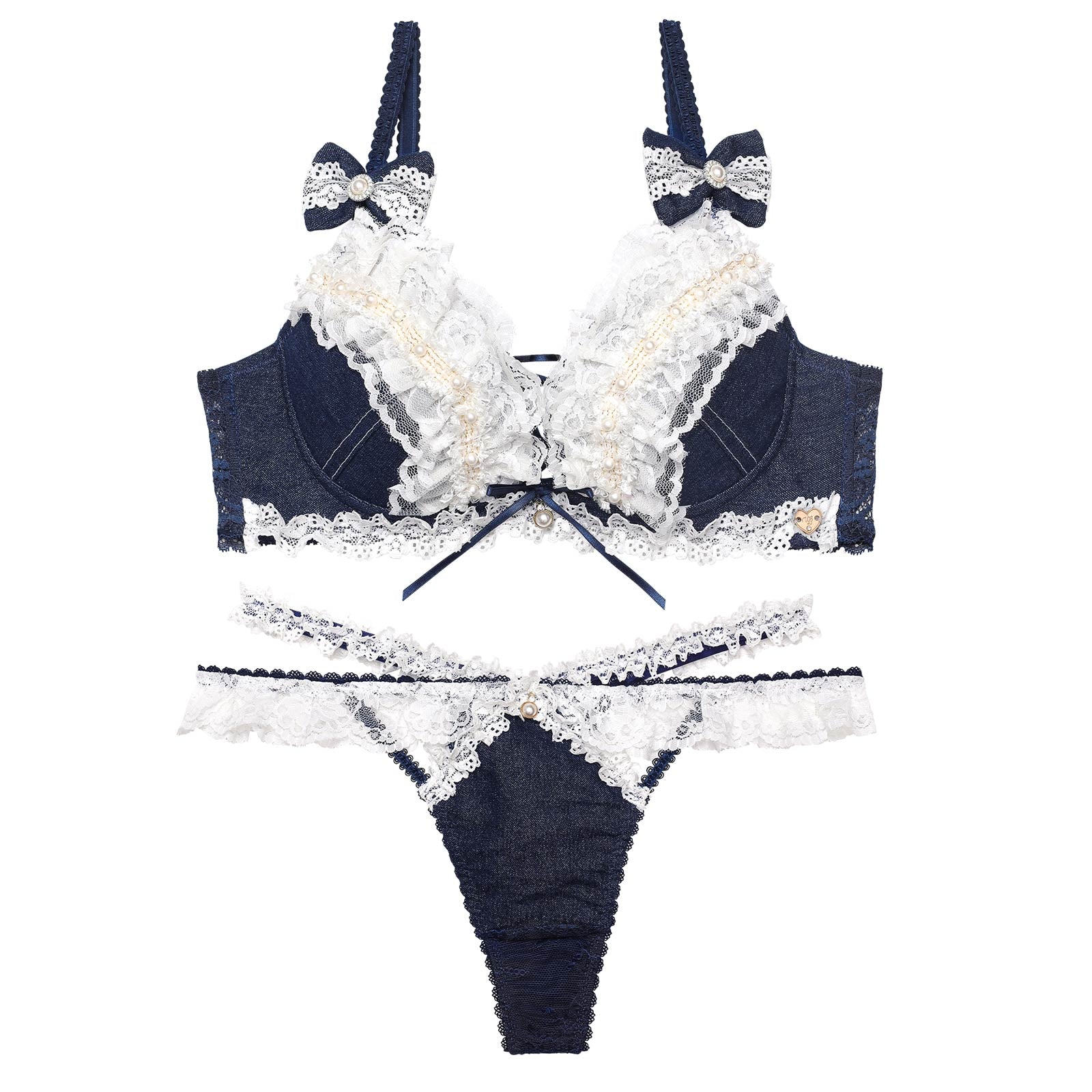 【明日花キララプロデュース/WhipBunny】Lacy Tiered Denim Bra&T-back / レーシィティアードデニムブラ&Tバック