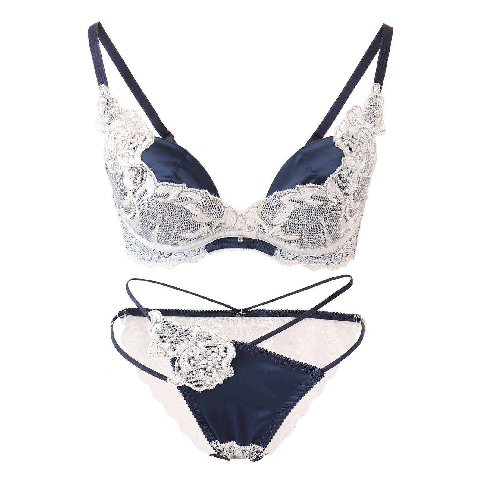 【Rちゃんプロデュース/LEMURA】Matt Satin&Code Lace Lingerie -フルバックセット-NAVY