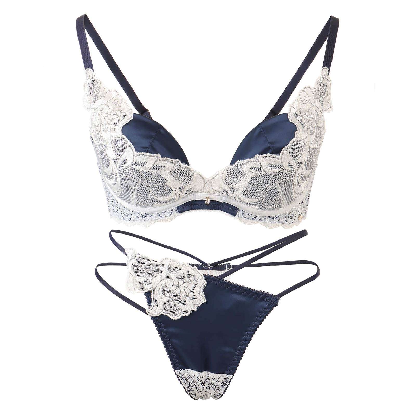 【Rちゃんプロデュース/LEMURA】Matt Satin&Code Lace Lingerie -Tバックセット-NAVY