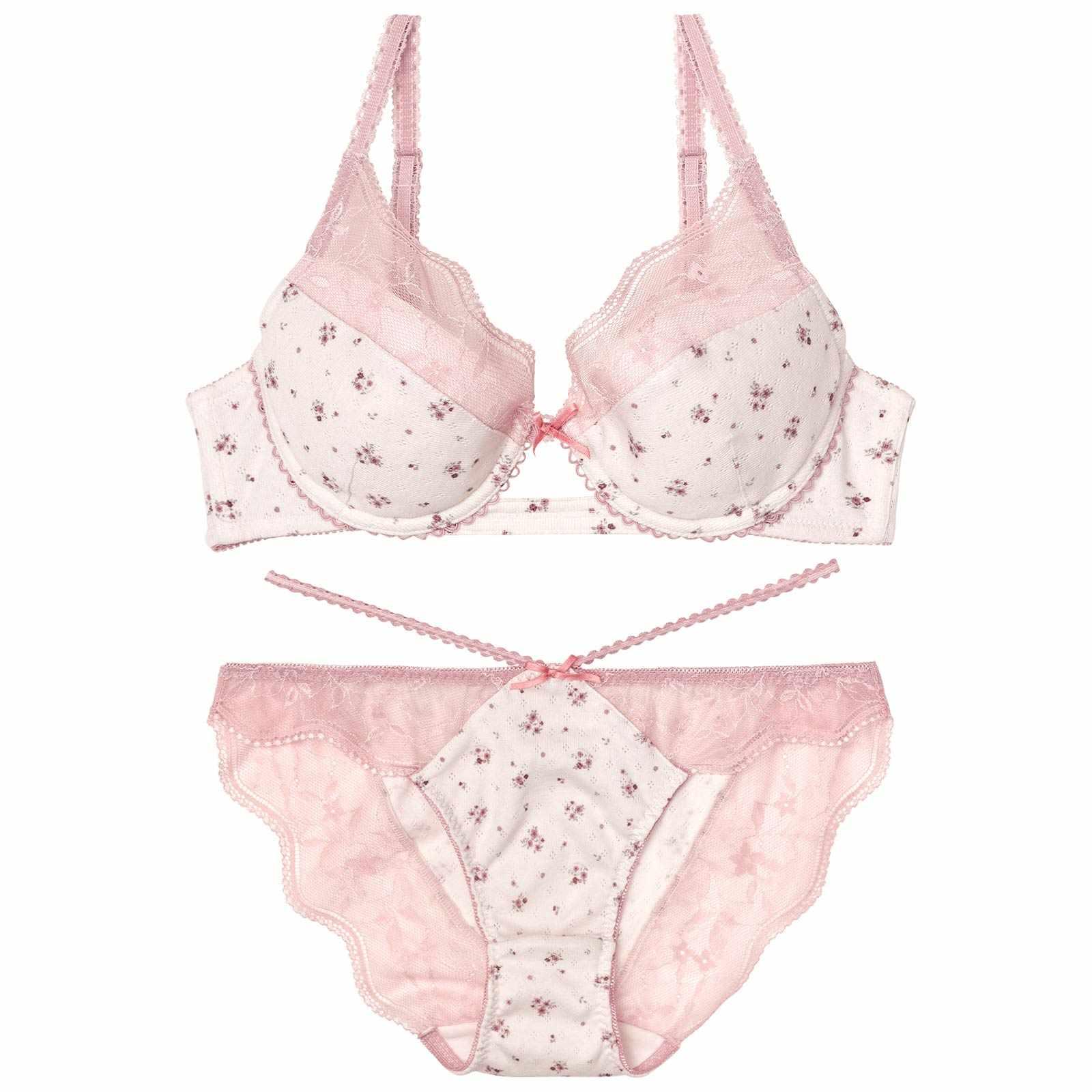 【YouTuber流那プロデュース/Lulumerry】フラワープリントリブ 盛りもっと ブラジャー&ショーツ /ピンク