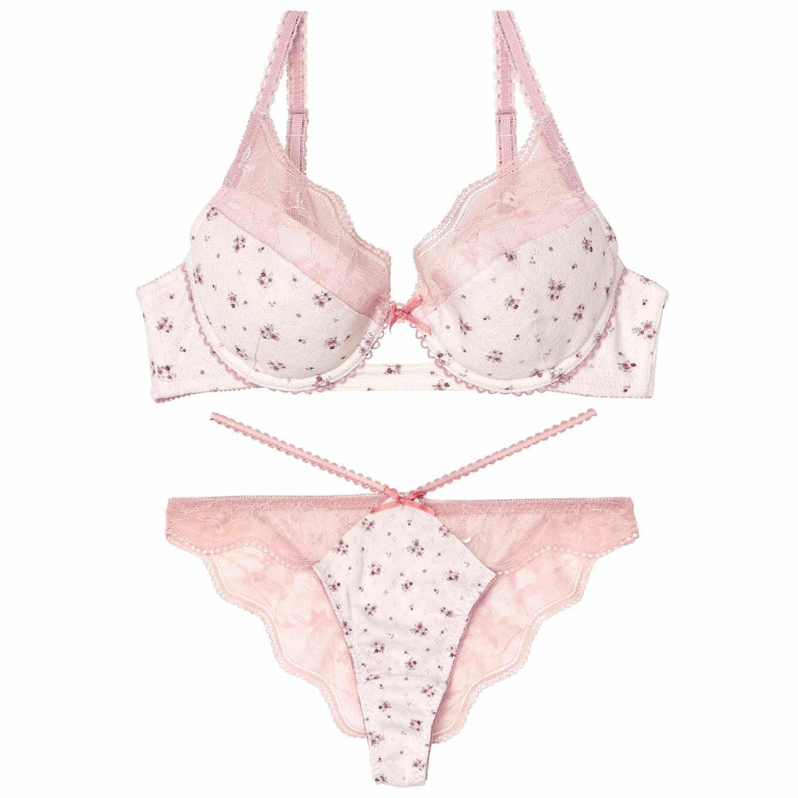 【YouTuber流那プロデュース/Lulumerry】フラワープリントリブ 盛りもっと ブラジャー&ショーツ /ピンク