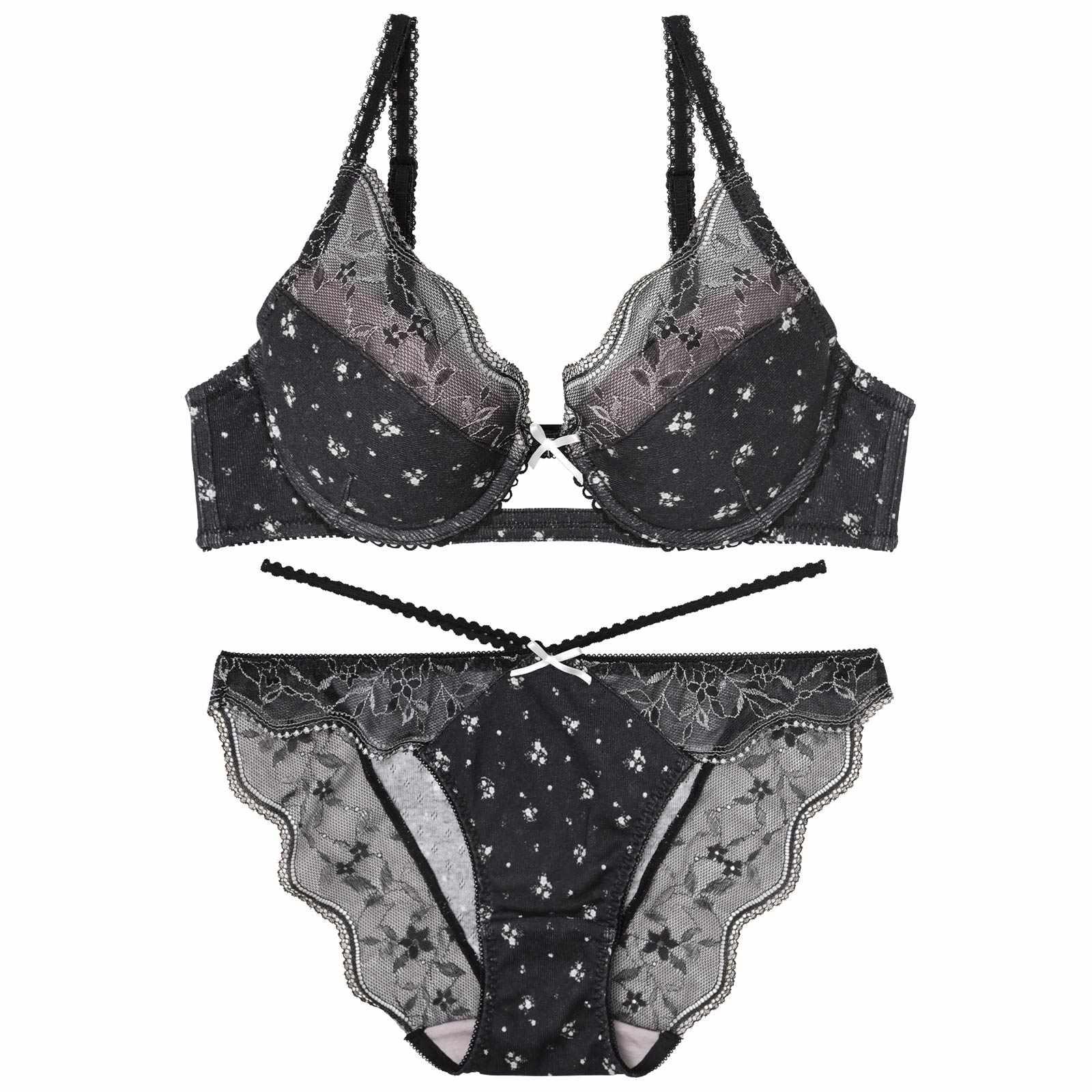 【YouTuber流那プロデュース/Lulumerry】フラワープリントリブ 盛りもっと ブラジャー&ショーツ /ブラック