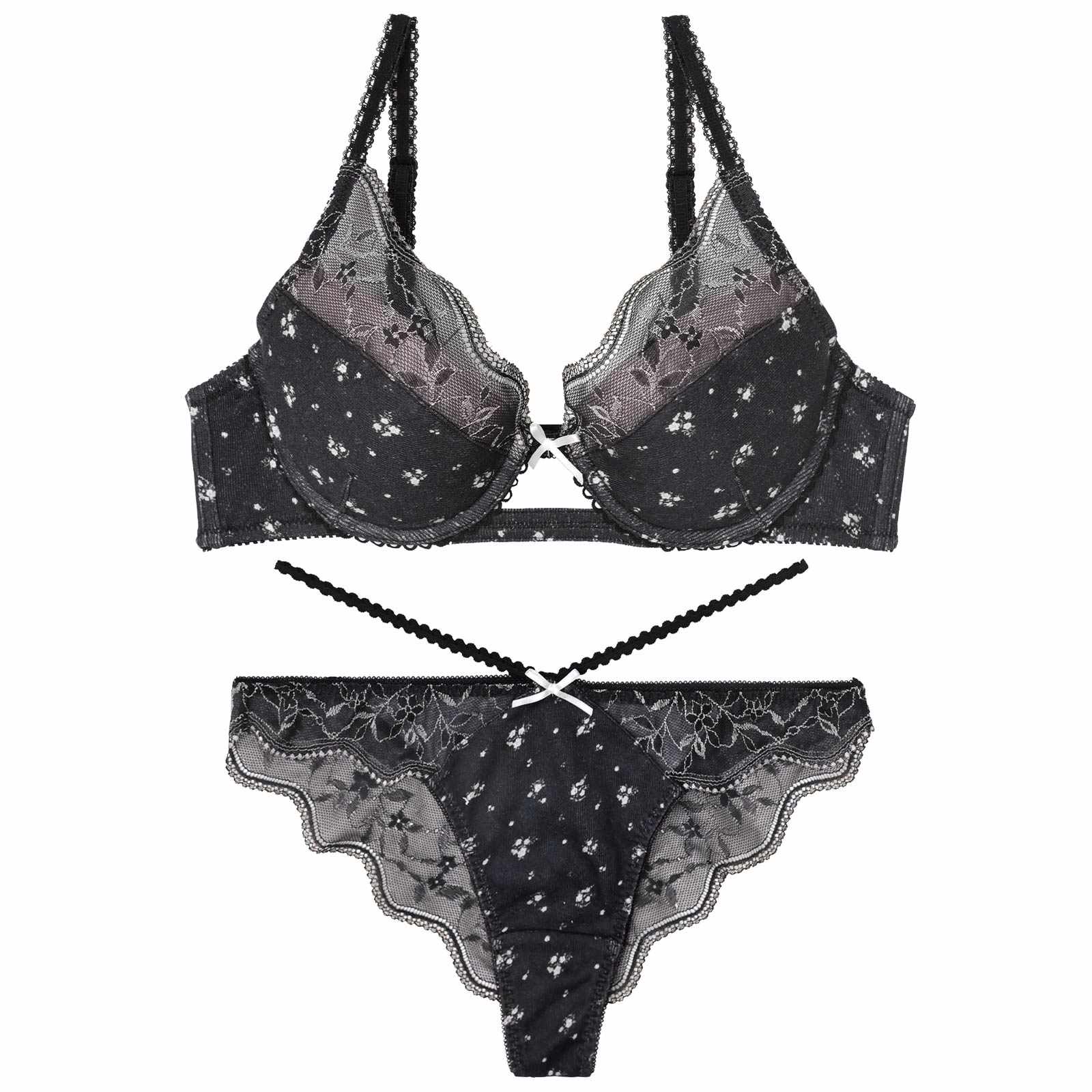 【YouTuber流那プロデュース/Lulumerry】フラワープリントリブ 盛りもっと ブラジャー&ショーツ /ブラック