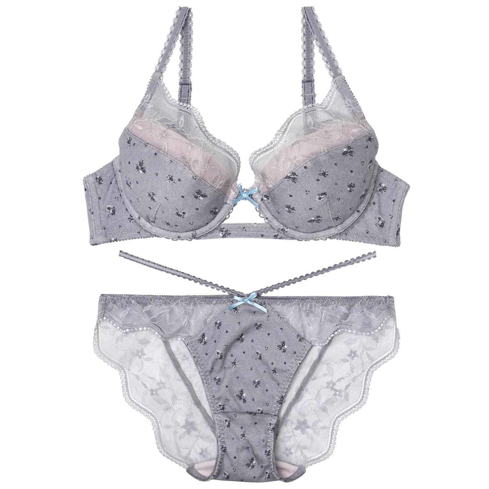 【YouTuber流那プロデュース/Lulumerry】フラワープリントリブ 盛りもっと ブラジャー&ショーツ /グレー