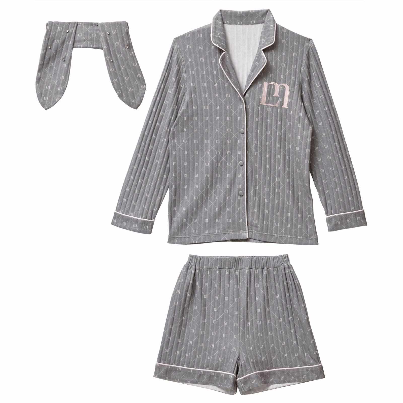 11/26新作!【YouTuber流那プロデュース/Lulumerry】モノグラムラビット ルームウェア レディーストップス&ショートパンツ&ヘアバンドセット /グレーラビット(GRAY)