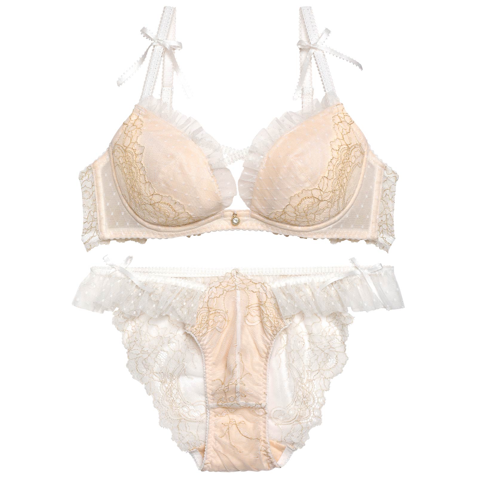 【YouTuber流那プロデュース/Lulumerry】ダイヤドットフリル 盛りもっと ブラジャー&ショーツ / ホワイト