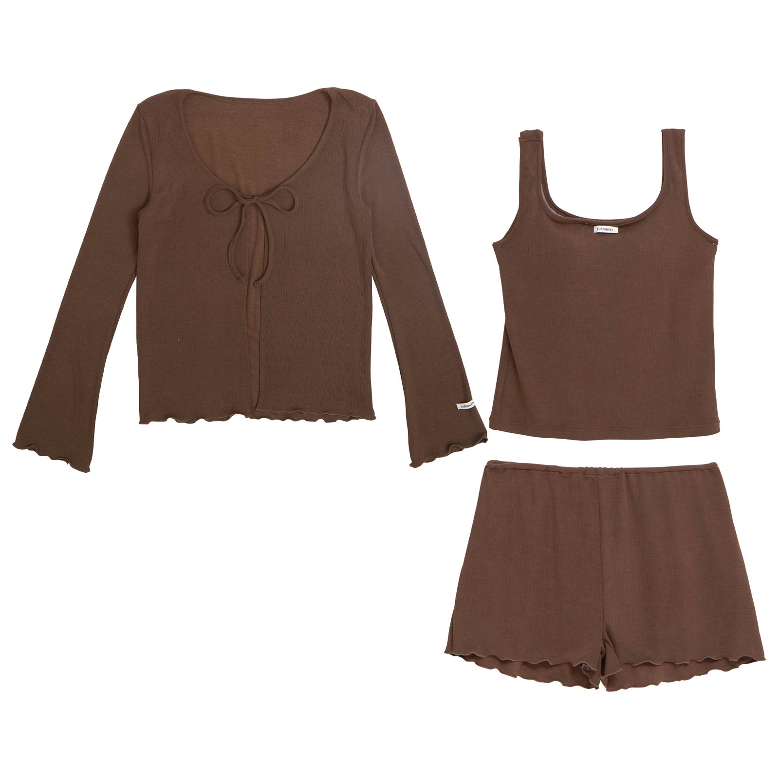 【YouTuber流那プロデュース/Lulumerry】ソフトリブワンマイル ルームウェア カーディガン&タンクトップ&ショートパンツセット / ブラウン
