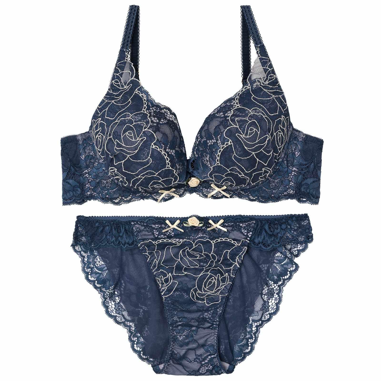 【YouTuber流那プロデュース/Lulumerry】ラメローズリボン 盛りもっと ブラジャー&ショーツ /ネイビー