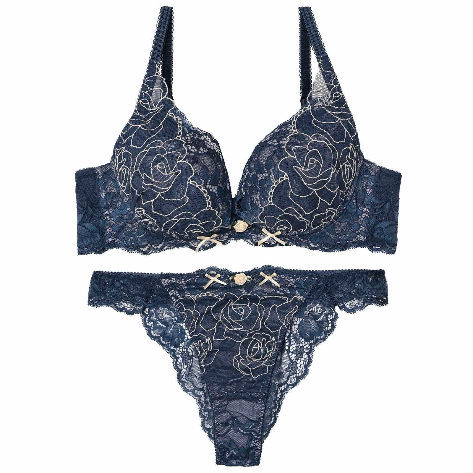 【YouTuber流那プロデュース/Lulumerry】ラメローズリボン 盛りもっと ブラジャー&ショーツ /ネイビー