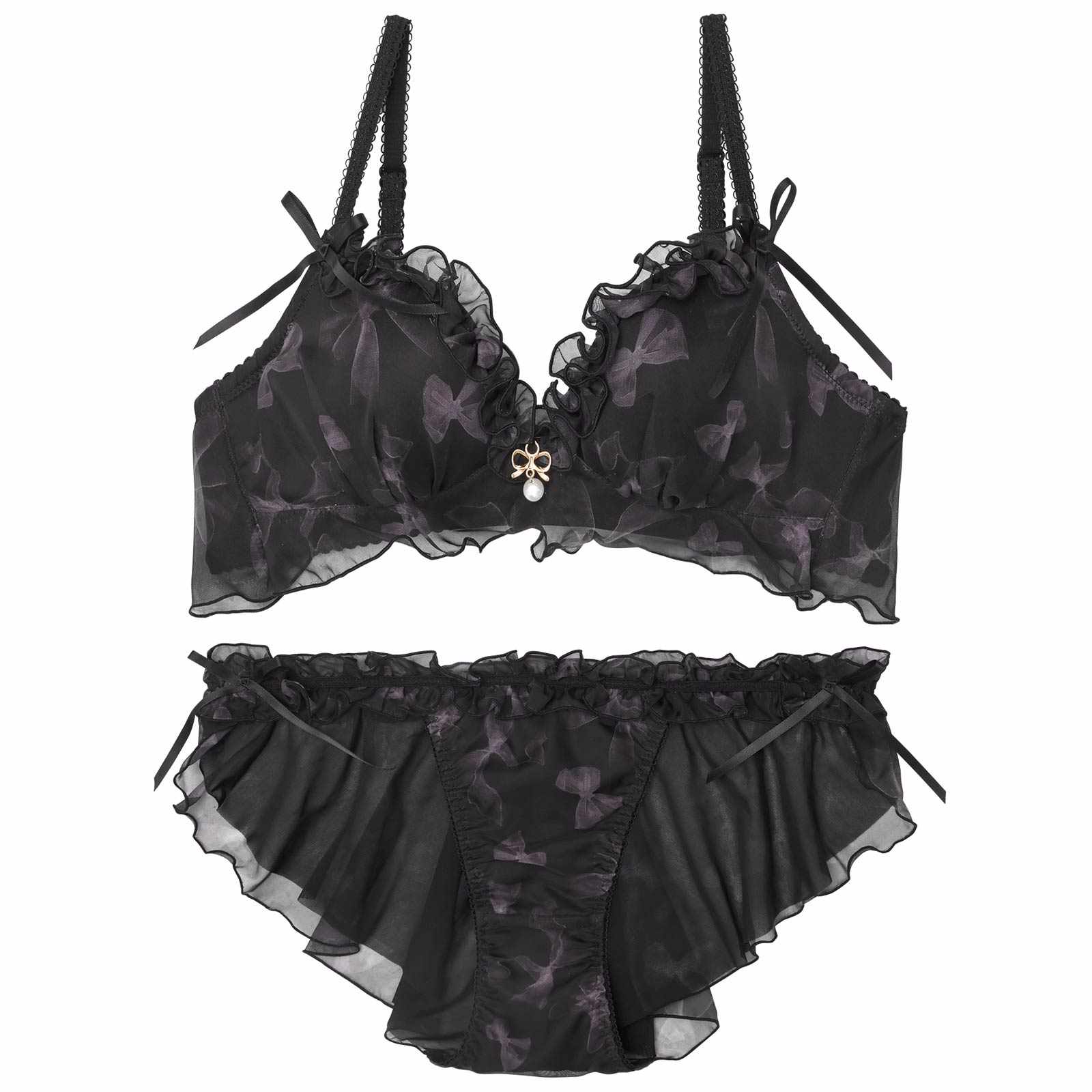 【YouTuber流那プロデュース/Lulumerry】リボンプリントフリル まんま”るな” ブラジャー&ショーツ / ブラック