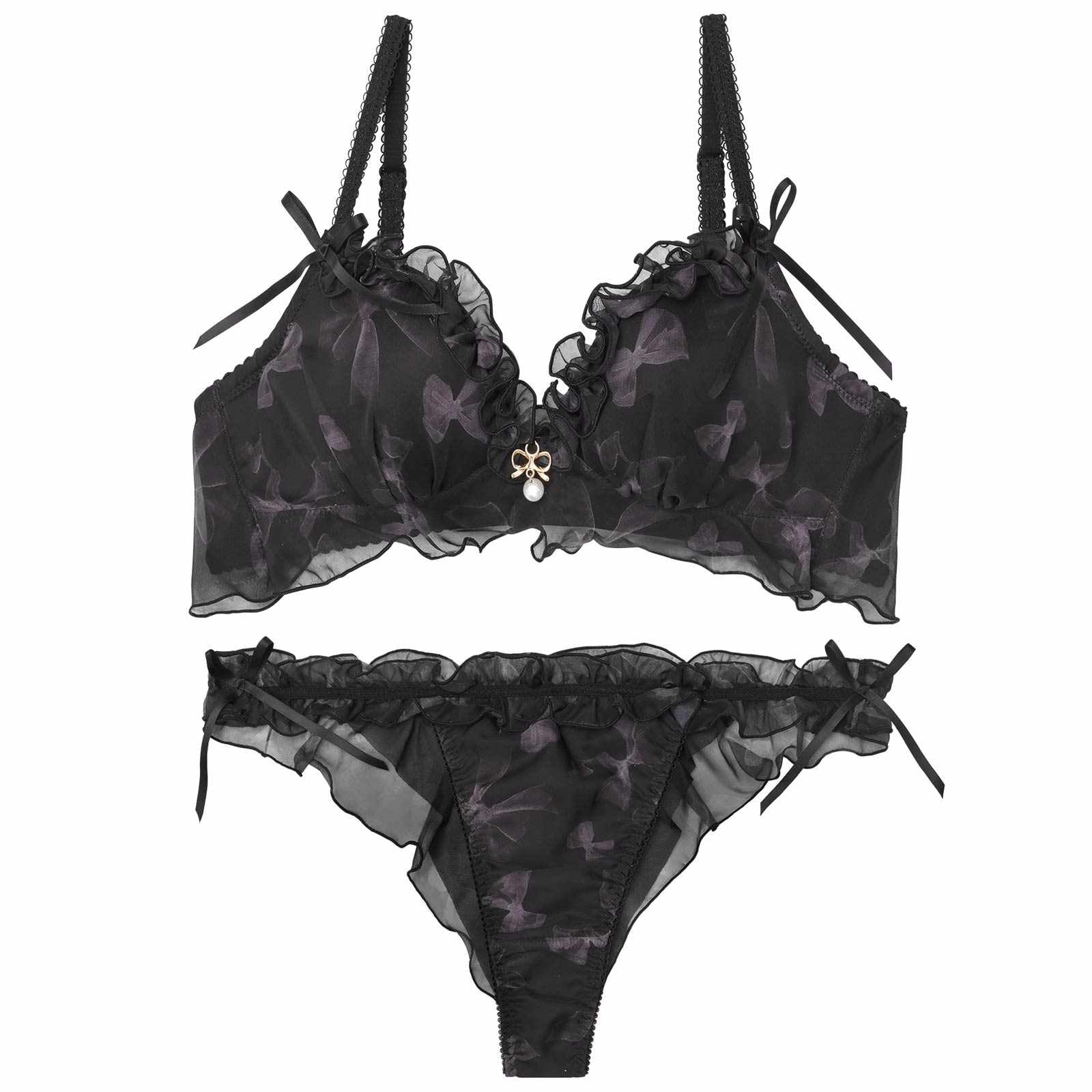 【YouTuber流那プロデュース/Lulumerry】リボンプリントフリル まんま”るな” ブラジャー&ショーツ / ブラック