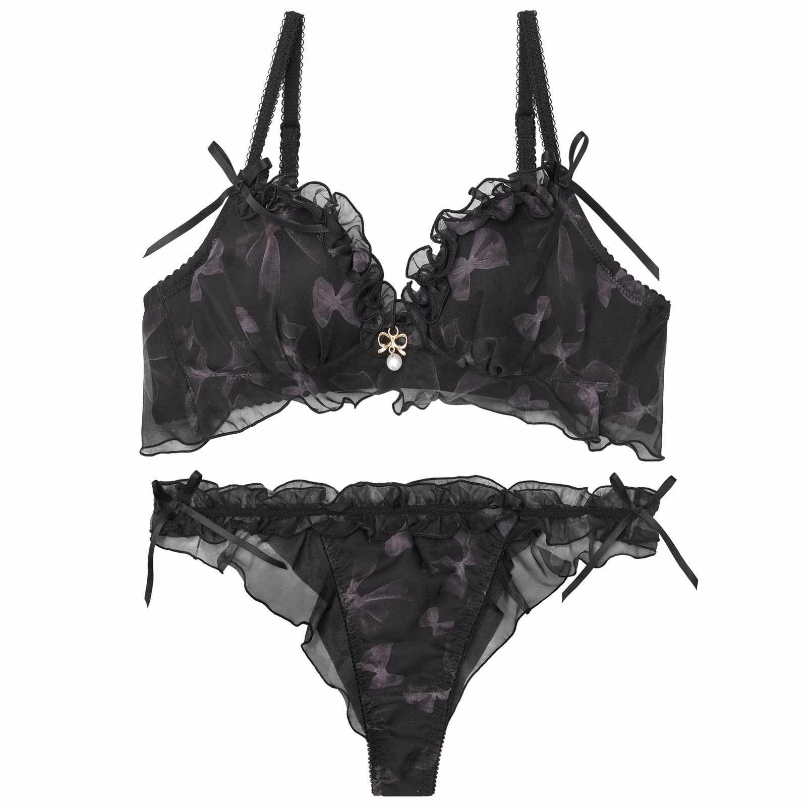 【YouTuber流那プロデュース/Lulumerry】リボンプリントフリル まんま”るな” ブラジャー&ショーツ / ブラック