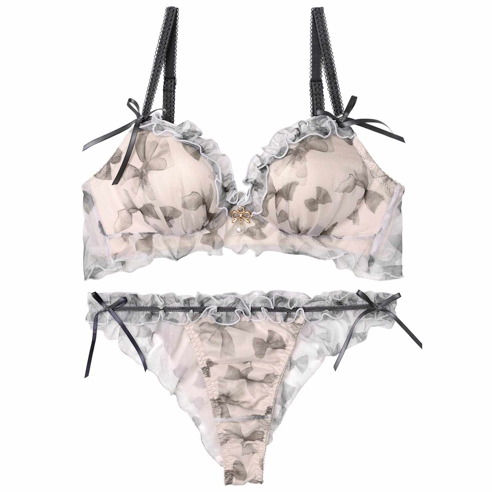 【YouTuber流那プロデュース/Lulumerry】リボンプリントフリル まんま”るな” ブラジャー&ショーツ / アイボリー