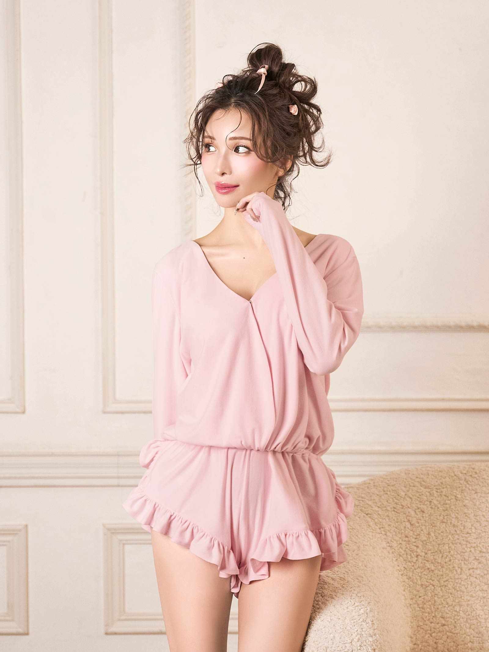 【Mivera&/みゆうプロデュース】Belle Drape Rompers ベルドレープロンパース/PINK