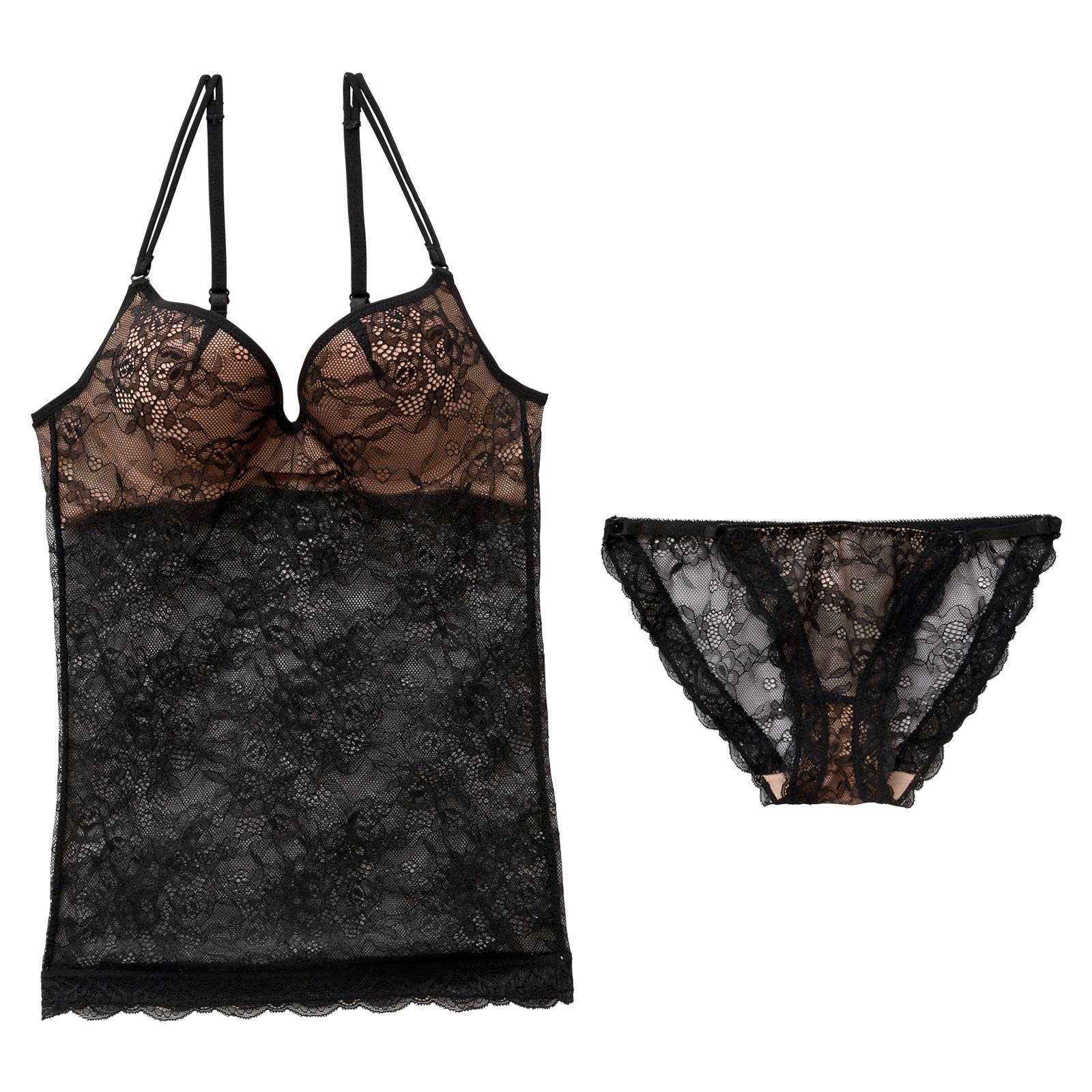 オールレースヌーディカップ付きキャミソール&フルバックショーツ