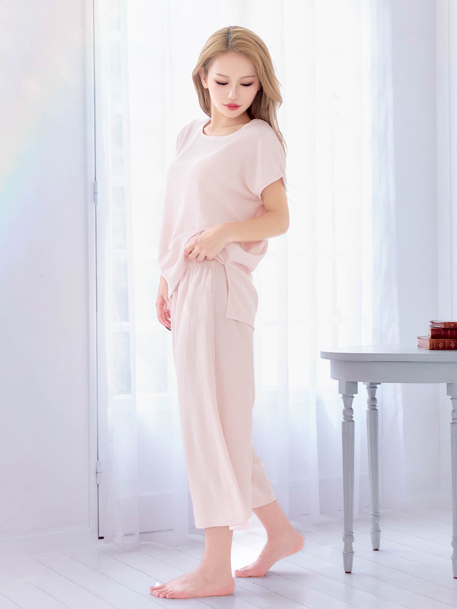 5/12新作!ワンカラーシャーリング半袖トップス&ロングパンツルームウェア