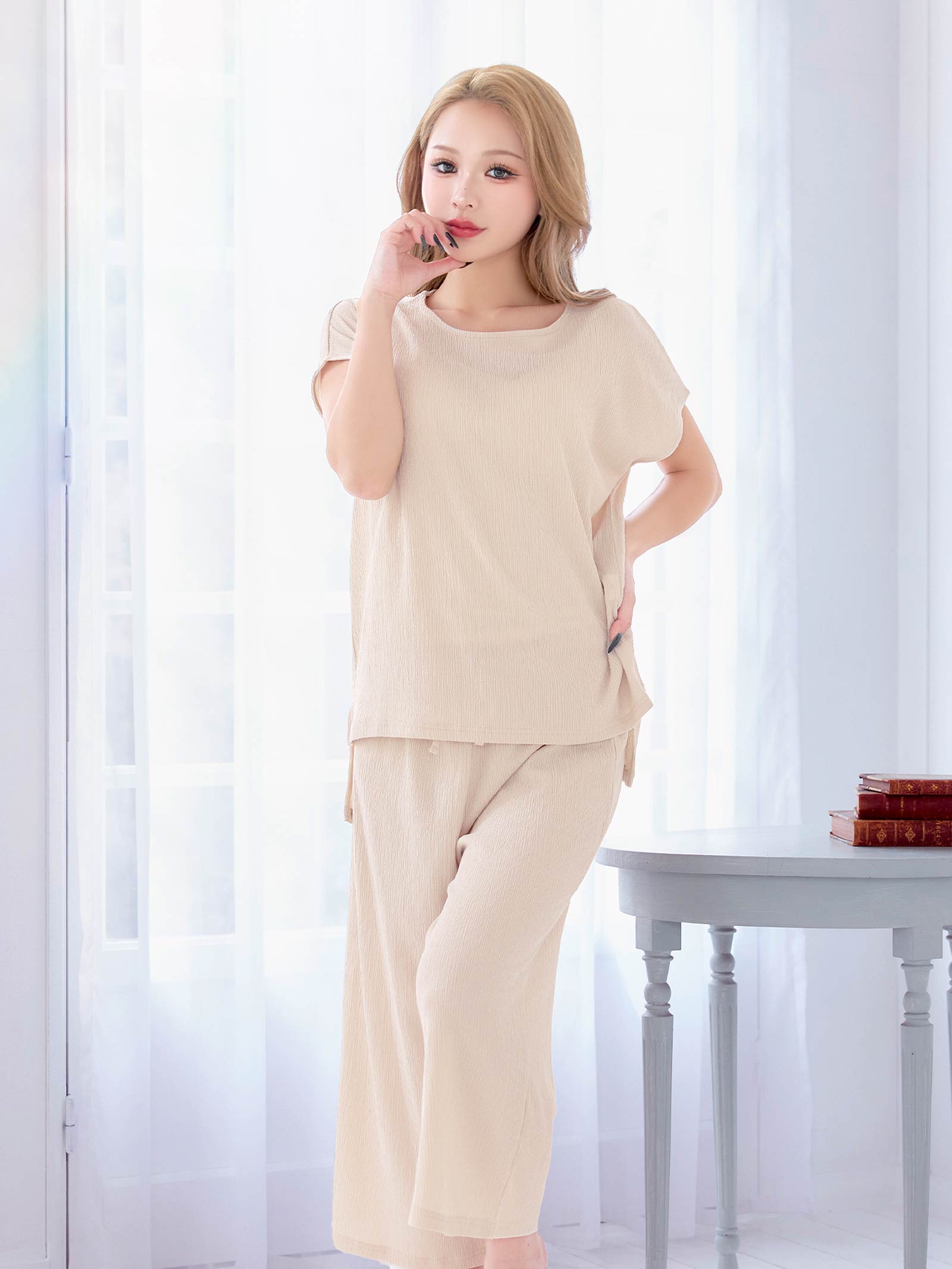 5/12新作!ワンカラーシャーリング半袖トップス&ロングパンツルームウェア