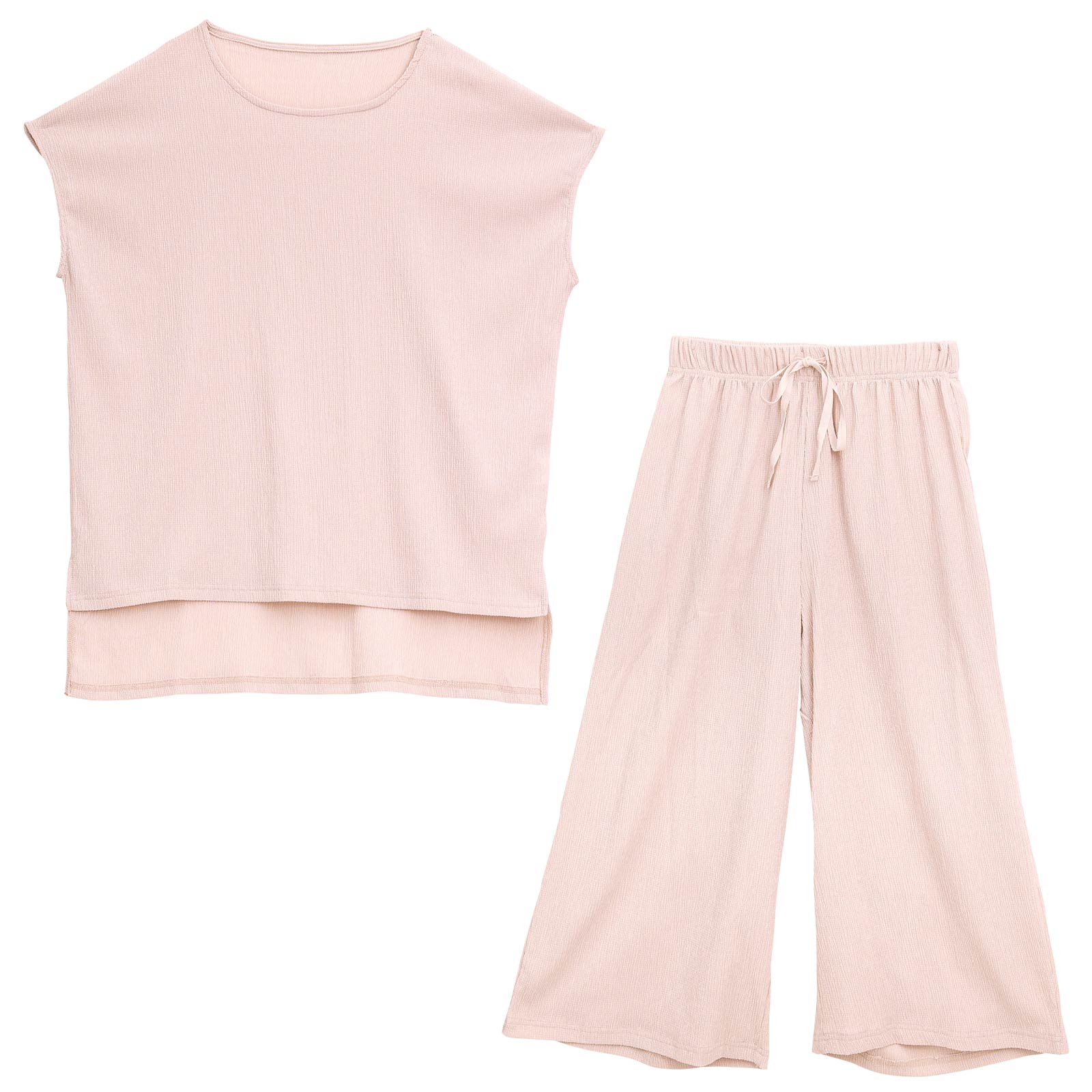 ワンカラーシャーリング半袖トップス&ロングパンツルームウェア