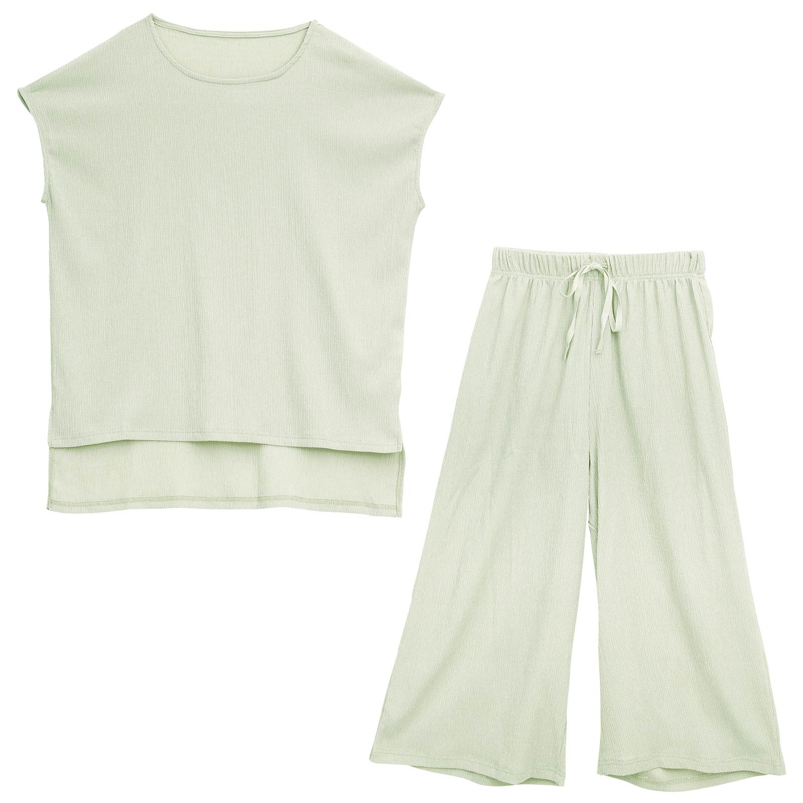 ワンカラーシャーリング半袖トップス&ロングパンツルームウェア