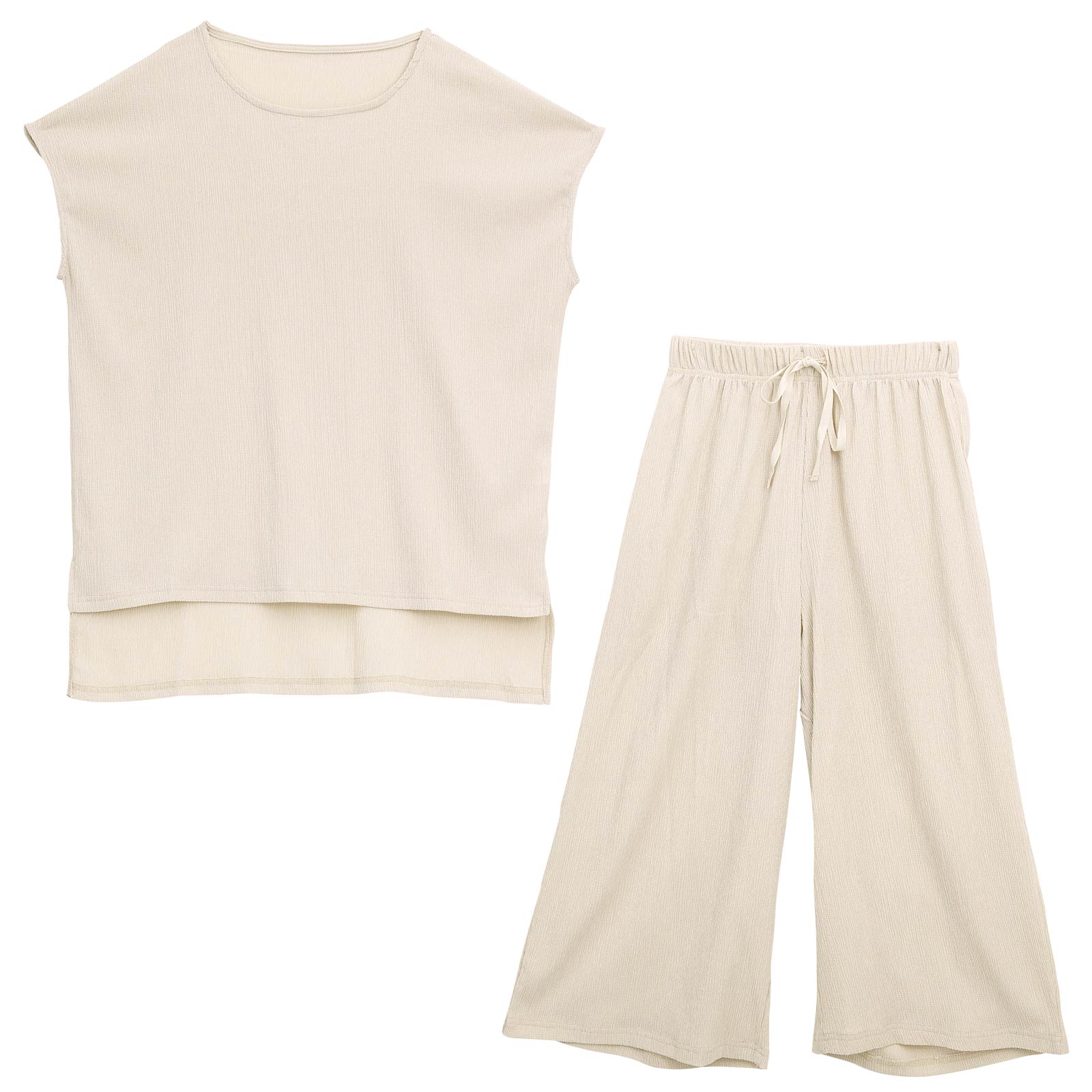 ワンカラーシャーリング半袖トップス&ロングパンツルームウェア