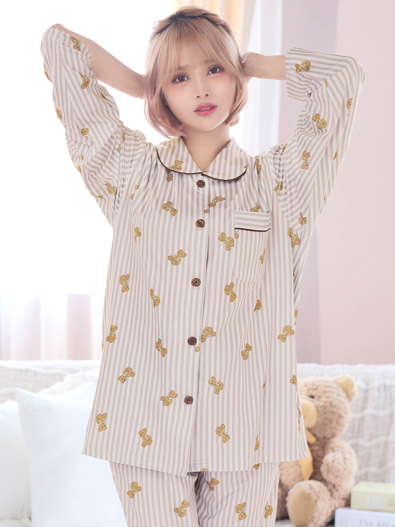 11/17新作!テディベアストライプ長袖トップス&ロングパンツルームウェア