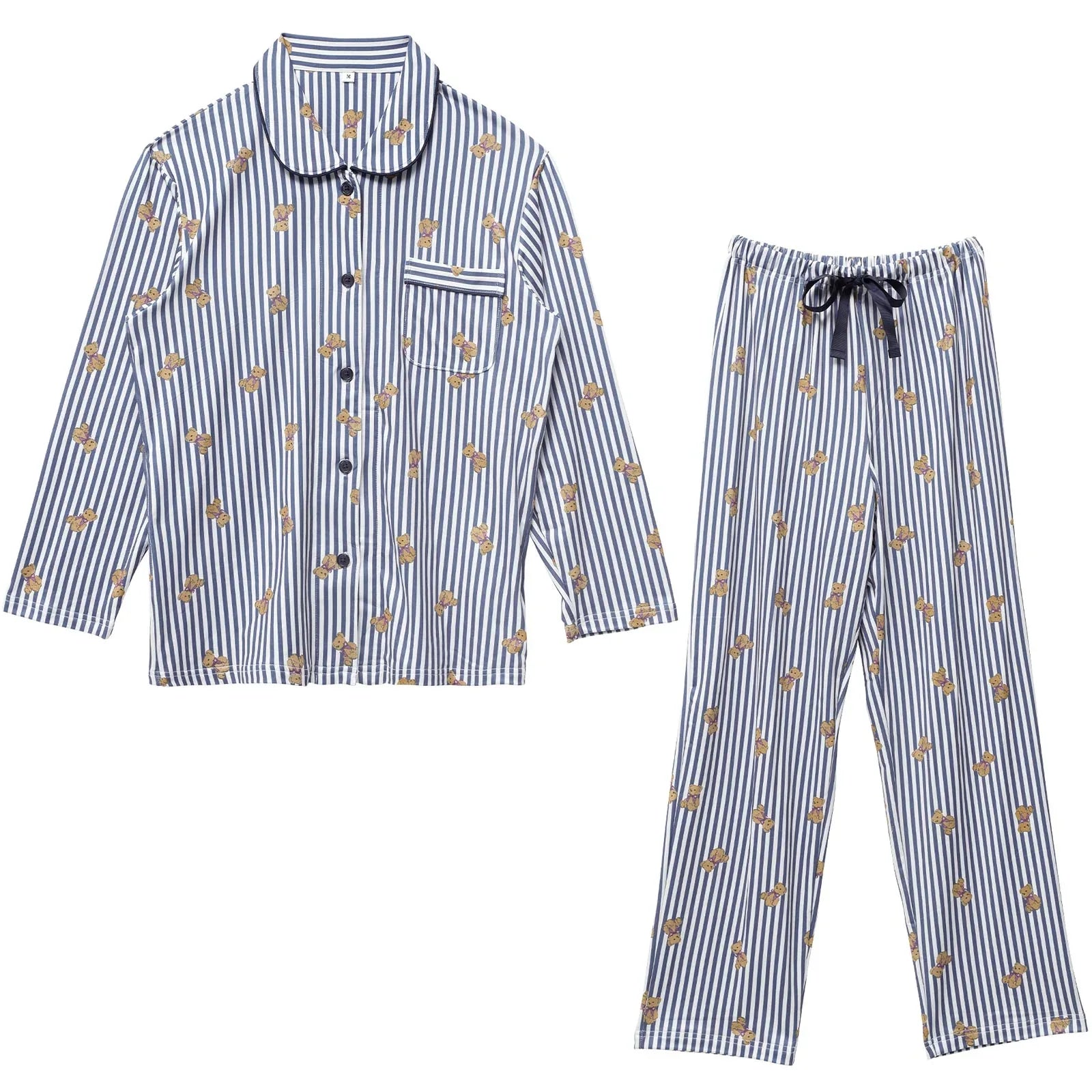 テディベアストライプ長袖トップス&ロングパンツルームウェア