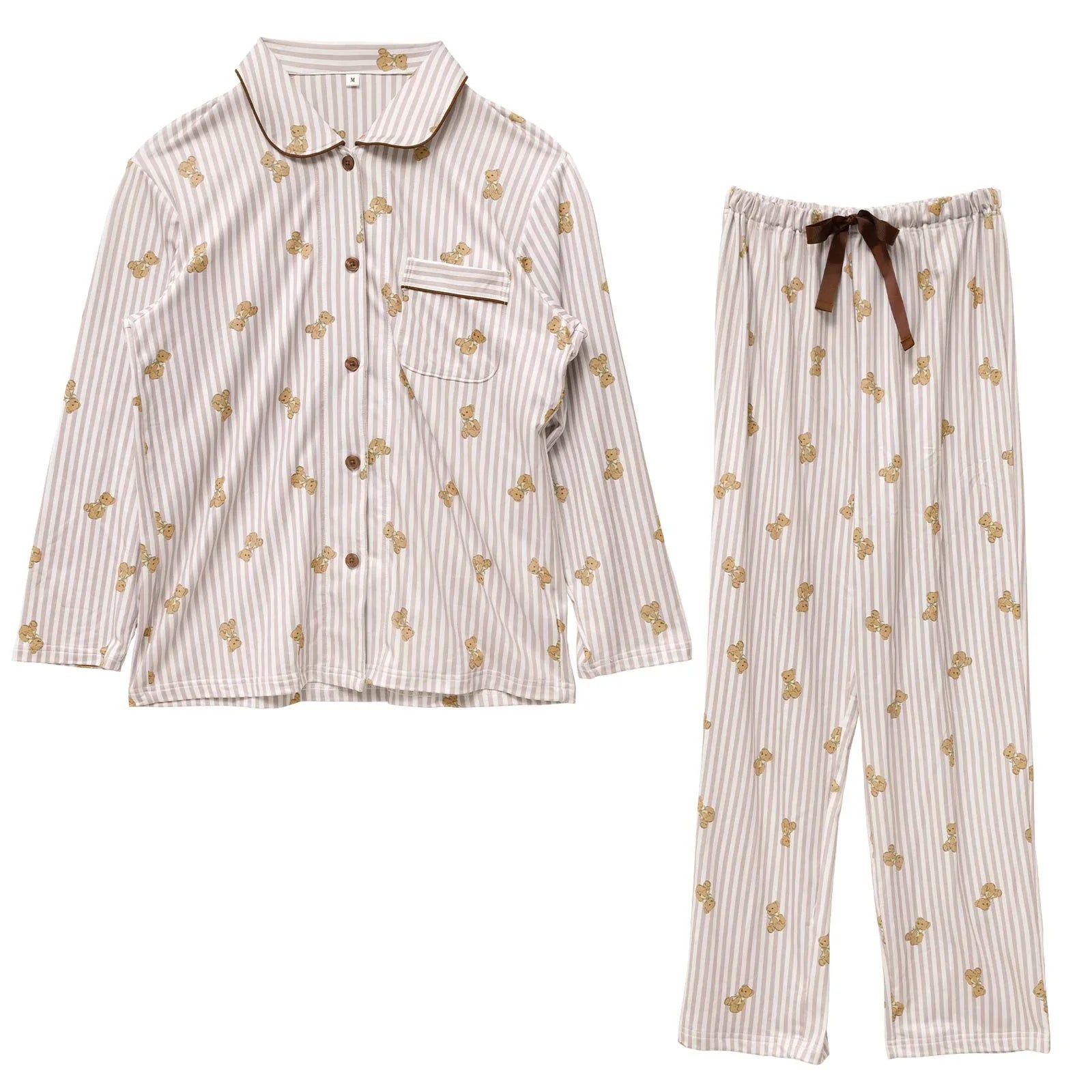 テディベアストライプ長袖トップス&ロングパンツルームウェア