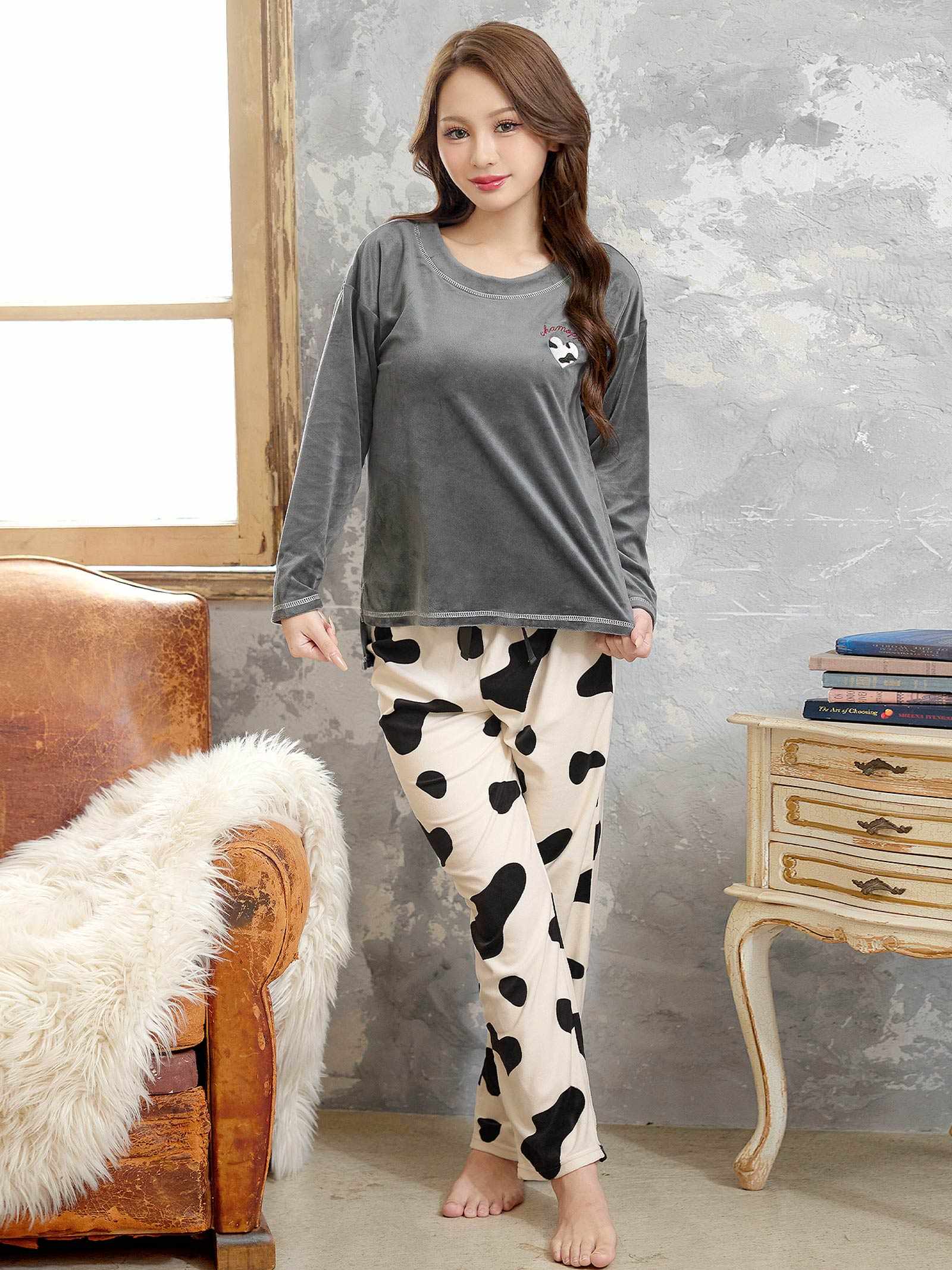 11/19新作!ハートカウモチーフ長袖トップス&ロングパンツルームウェア