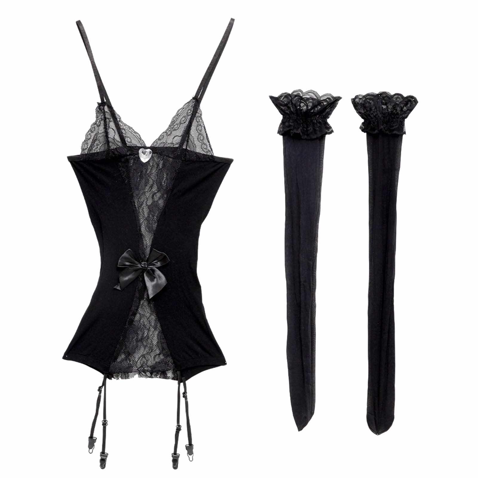 12/18再販!【2点セット】ハートビジューレースガーターストッキングベビードール