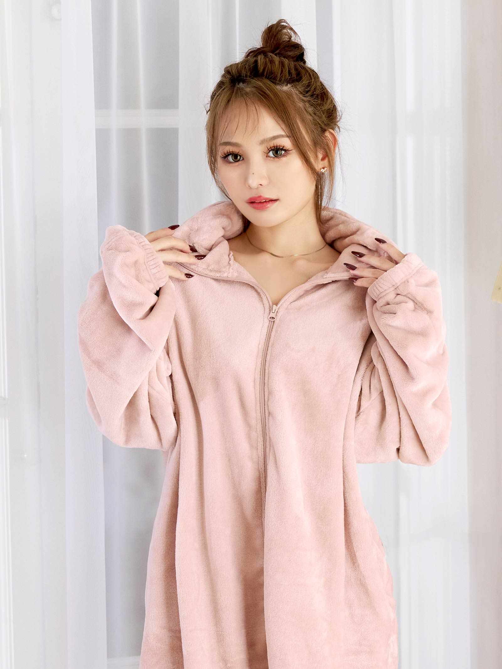 11/12新作!ジップアップモコモコワンピースルームウェア