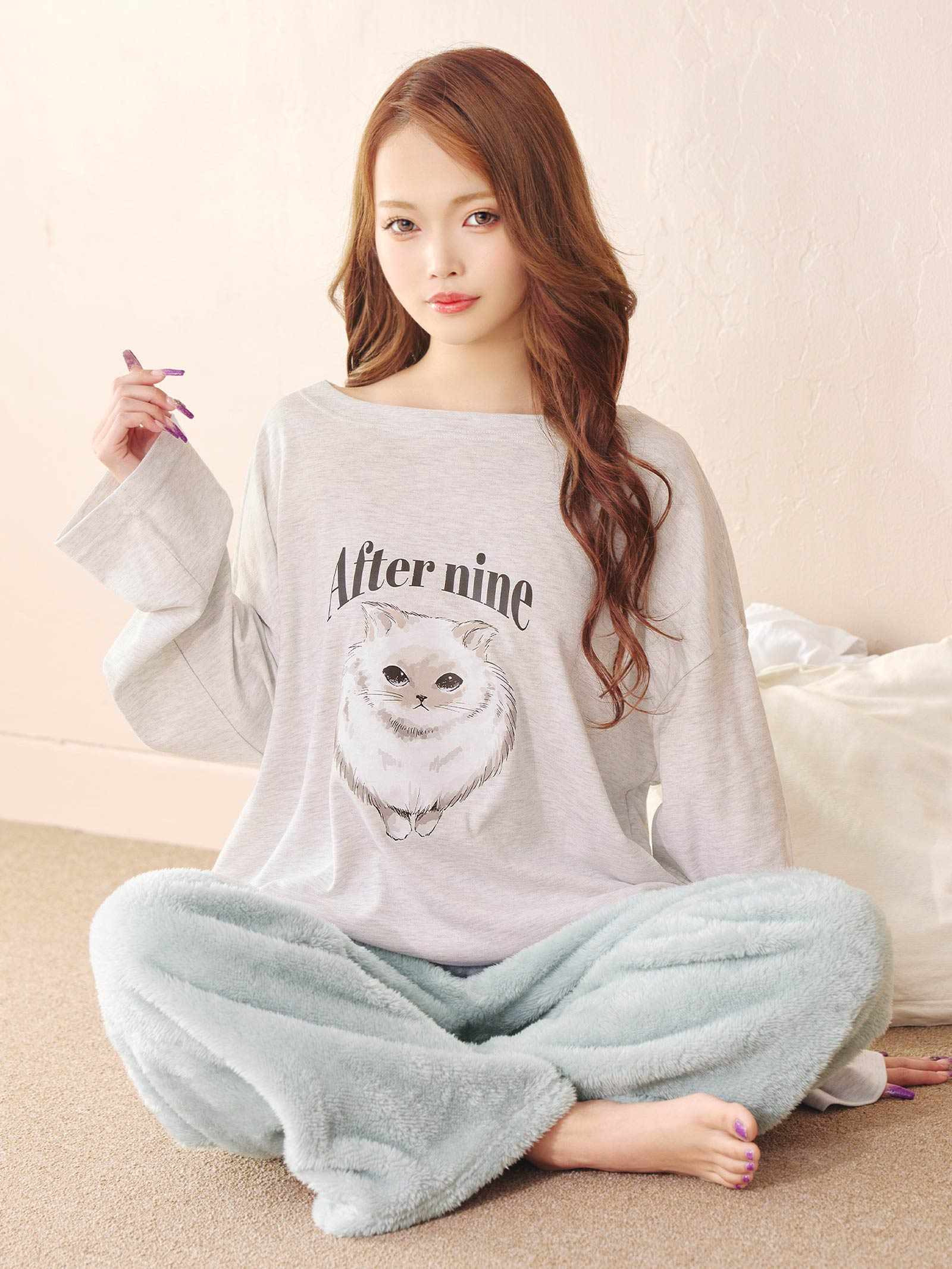 11/19新作!チャーミングキャット長袖トップス&ふわふわロングパンツルームウェア