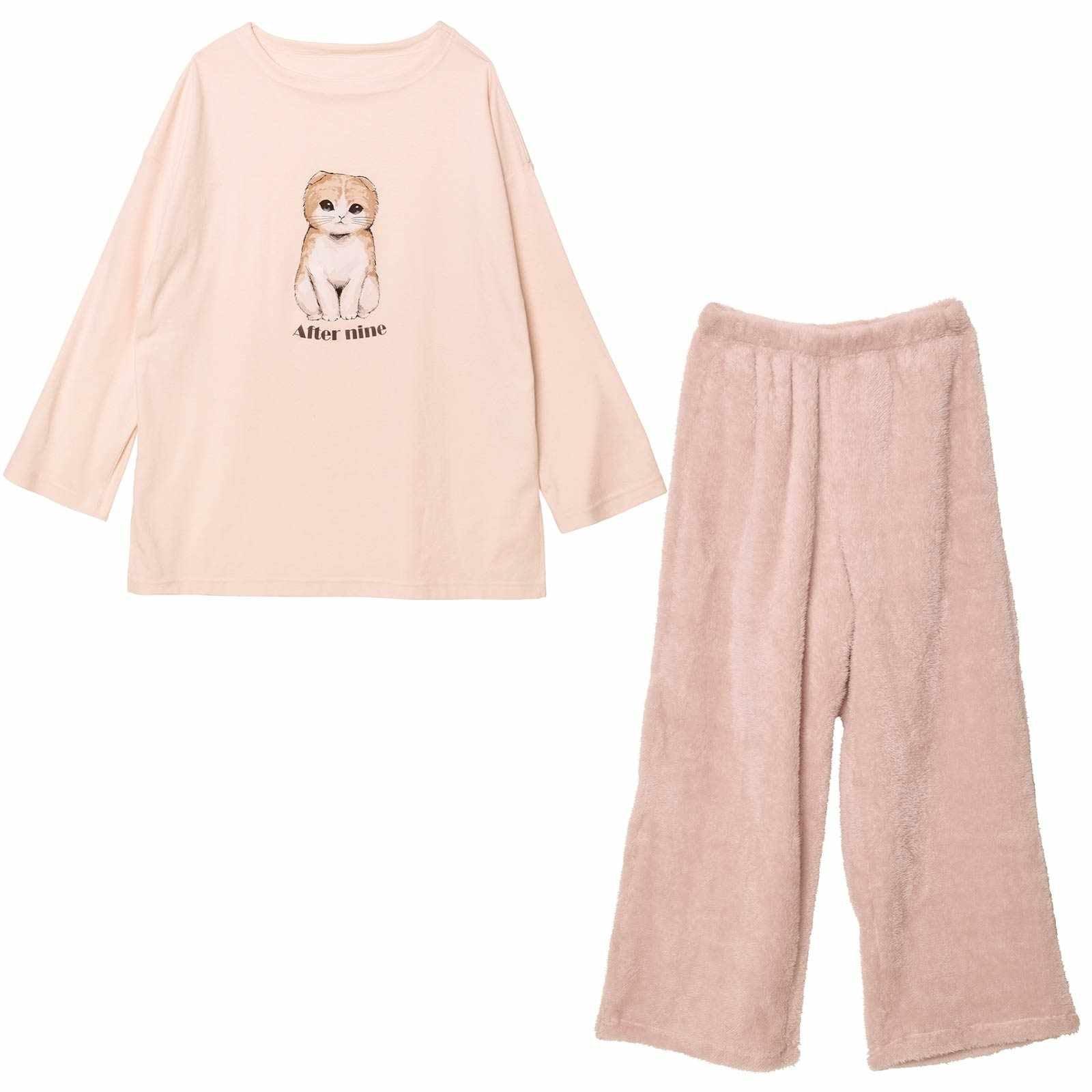 チャーミングキャット長袖トップス&ふわふわロングパンツルームウェア