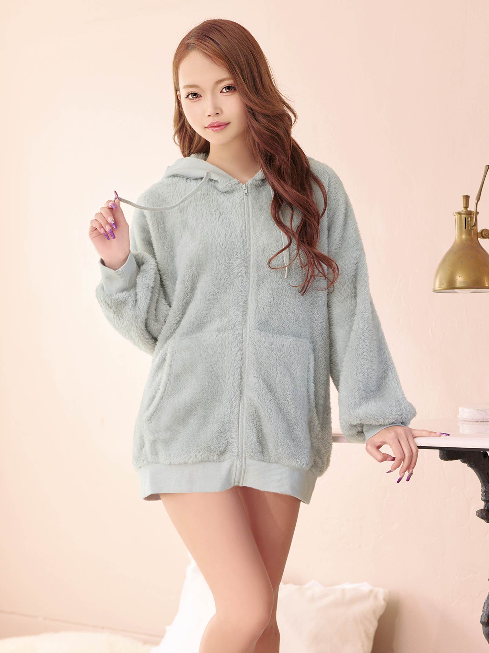 11/17新作!ワンカラーフード付きガーリーボアパーカー