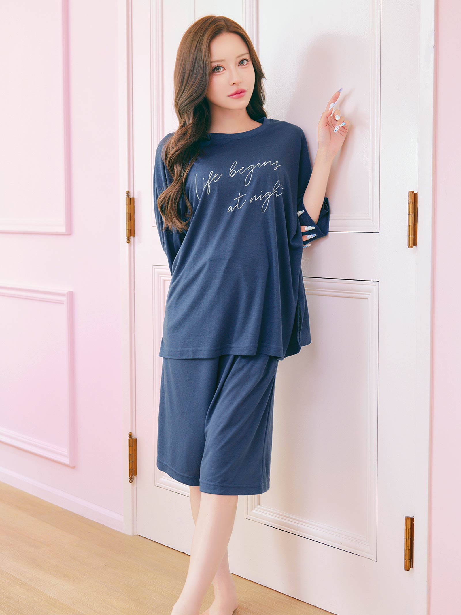 7/9新作!巾着付き五分袖ロゴトップス&ハーフパンツルームウェア