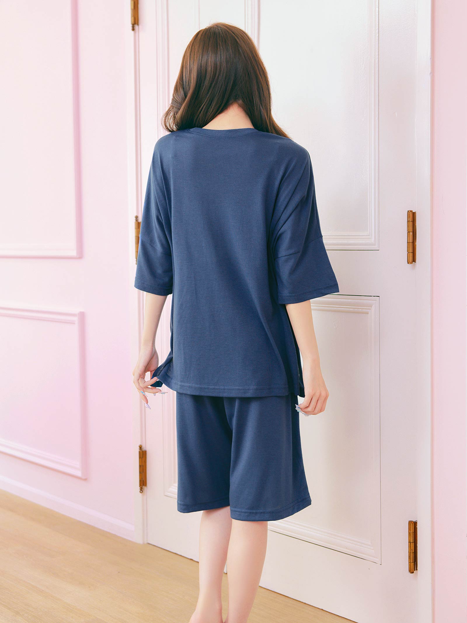 7/9新作!巾着付き五分袖ロゴトップス&ハーフパンツルームウェア