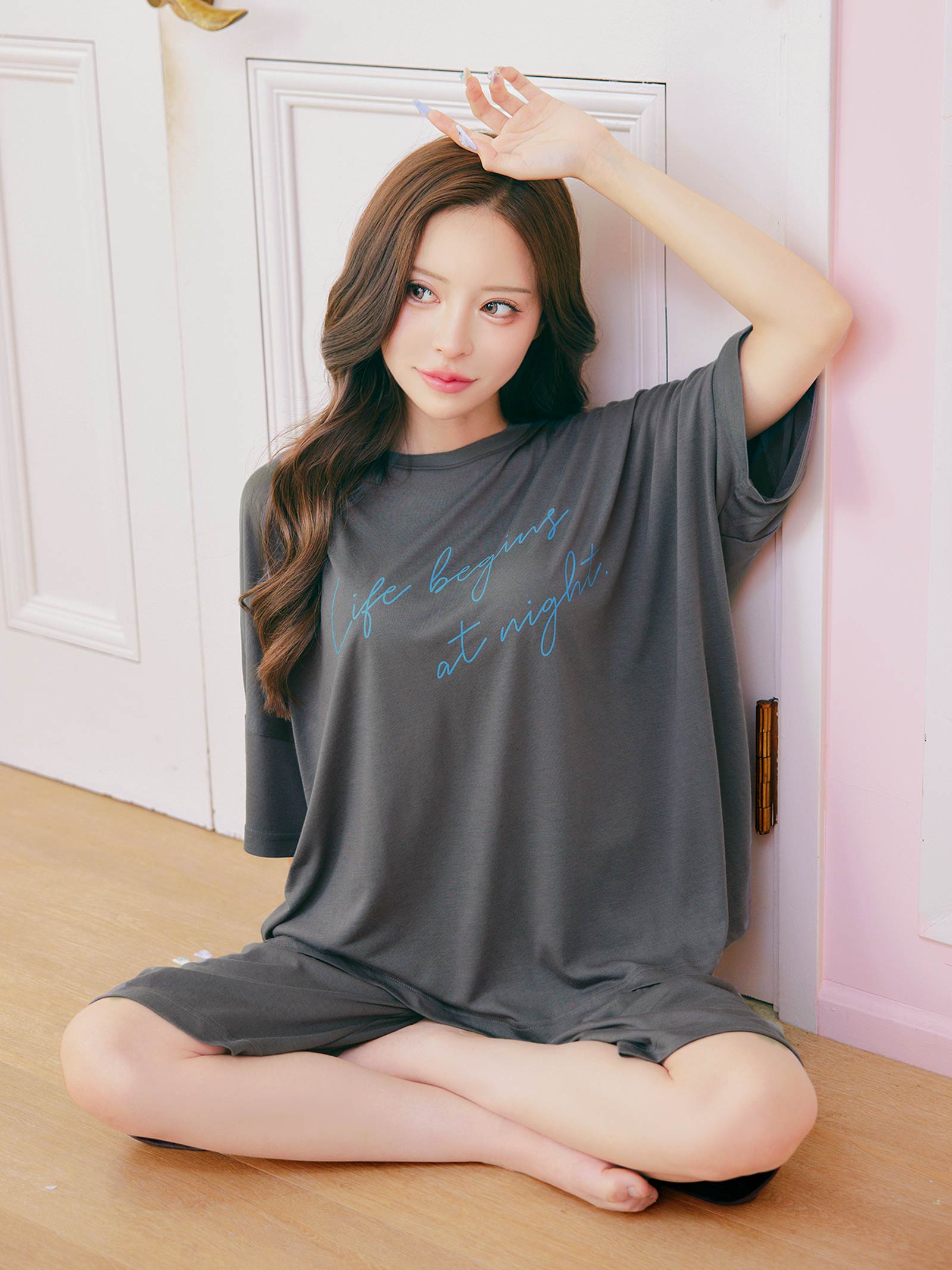 7/9新作!巾着付き五分袖ロゴトップス&ハーフパンツルームウェア