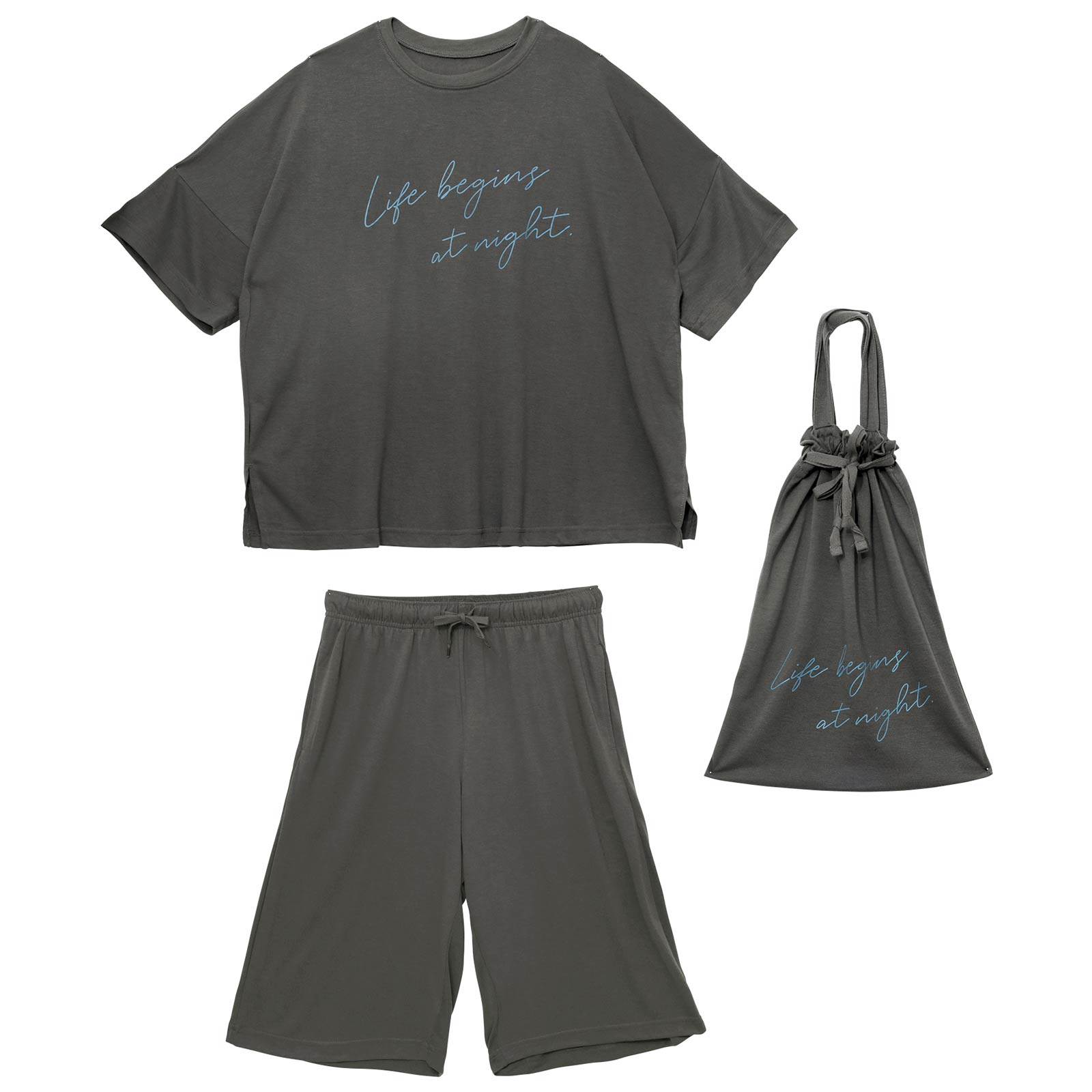 巾着付き五分袖ロゴトップス&ハーフパンツルームウェア