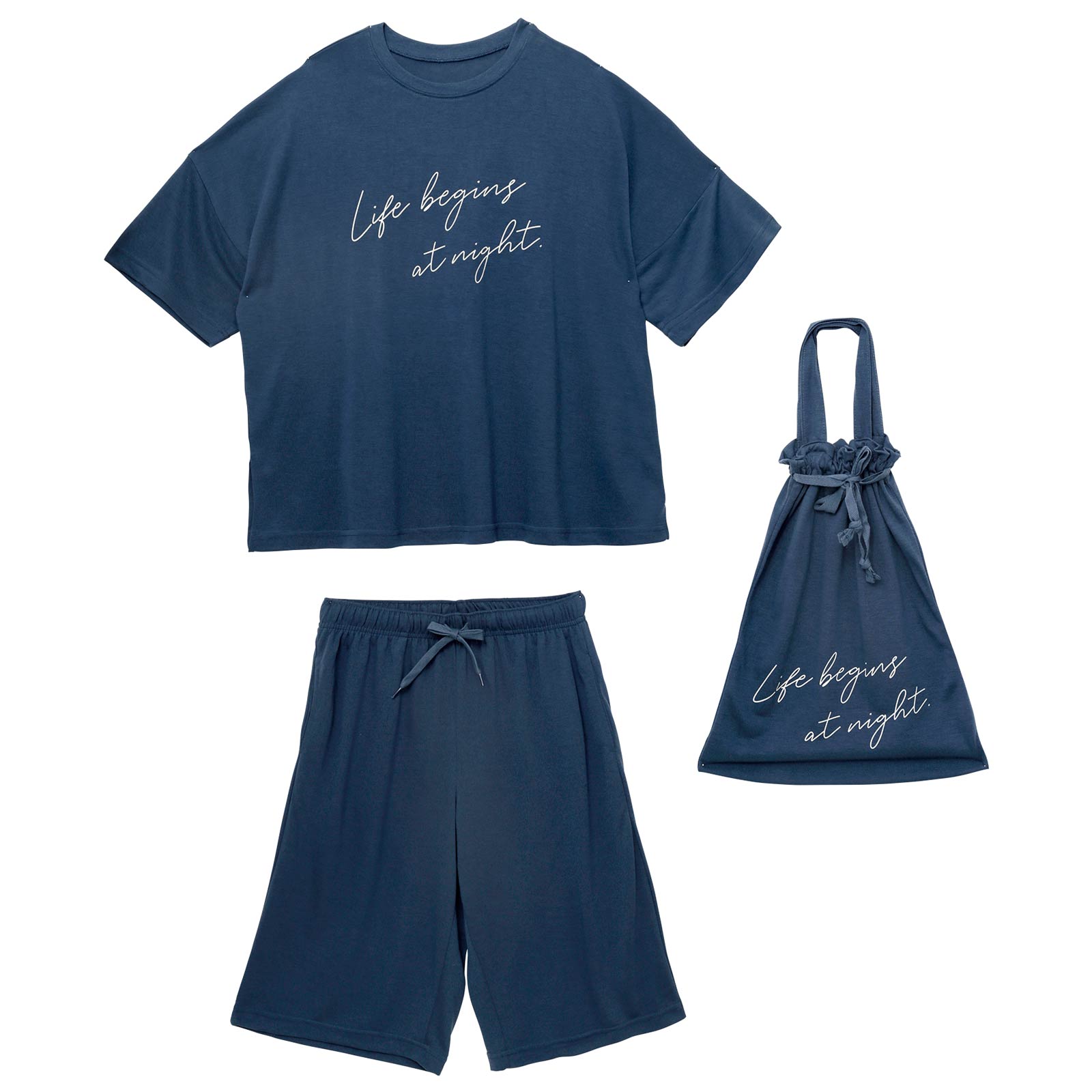 巾着付き五分袖ロゴトップス&ハーフパンツルームウェア