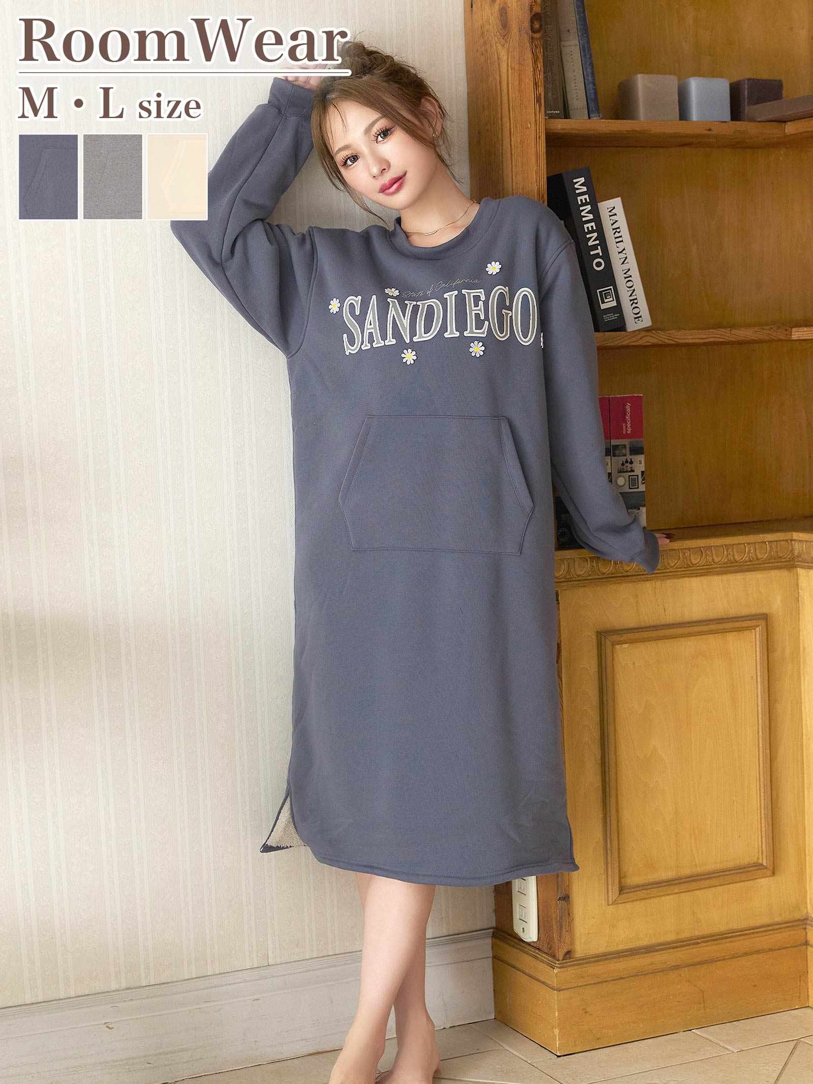 11/14新作!カジュアルロゴフラワー長袖ワンピースルームウェア
